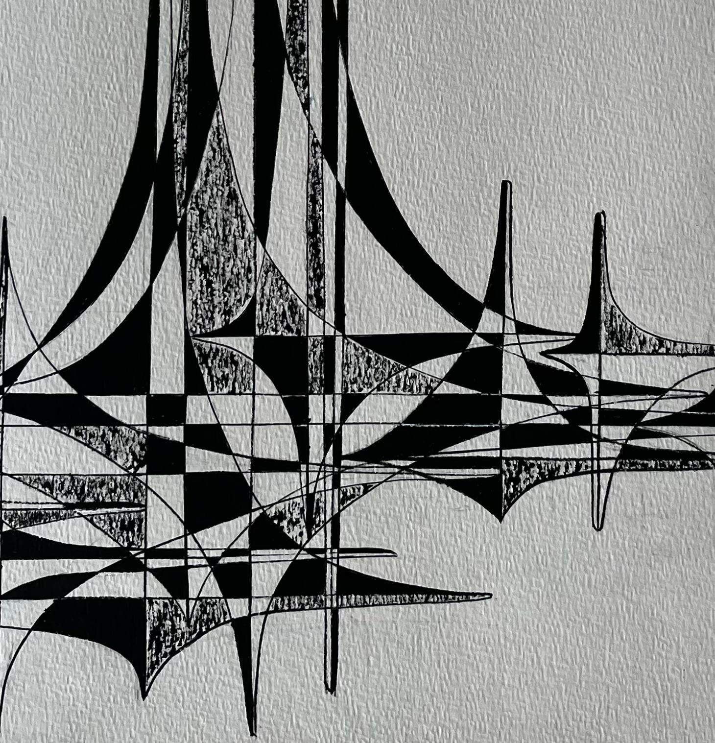 Mid Century French Architectural Abstract Ink Drawing Signed Serge Guerin For Sale 2