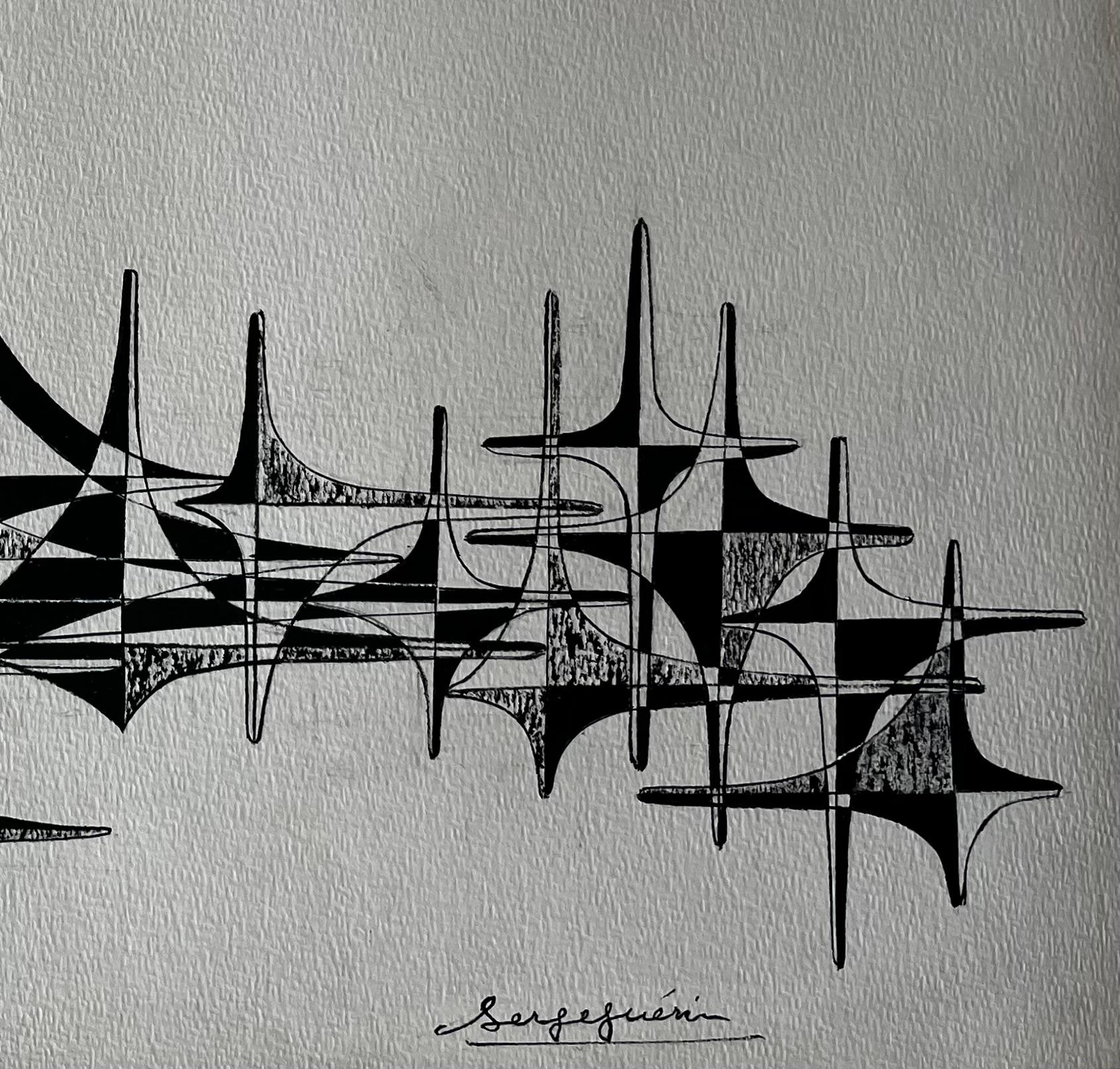 Mid Century French Architectural Abstract Ink Drawing Signed Serge Guerin For Sale 3