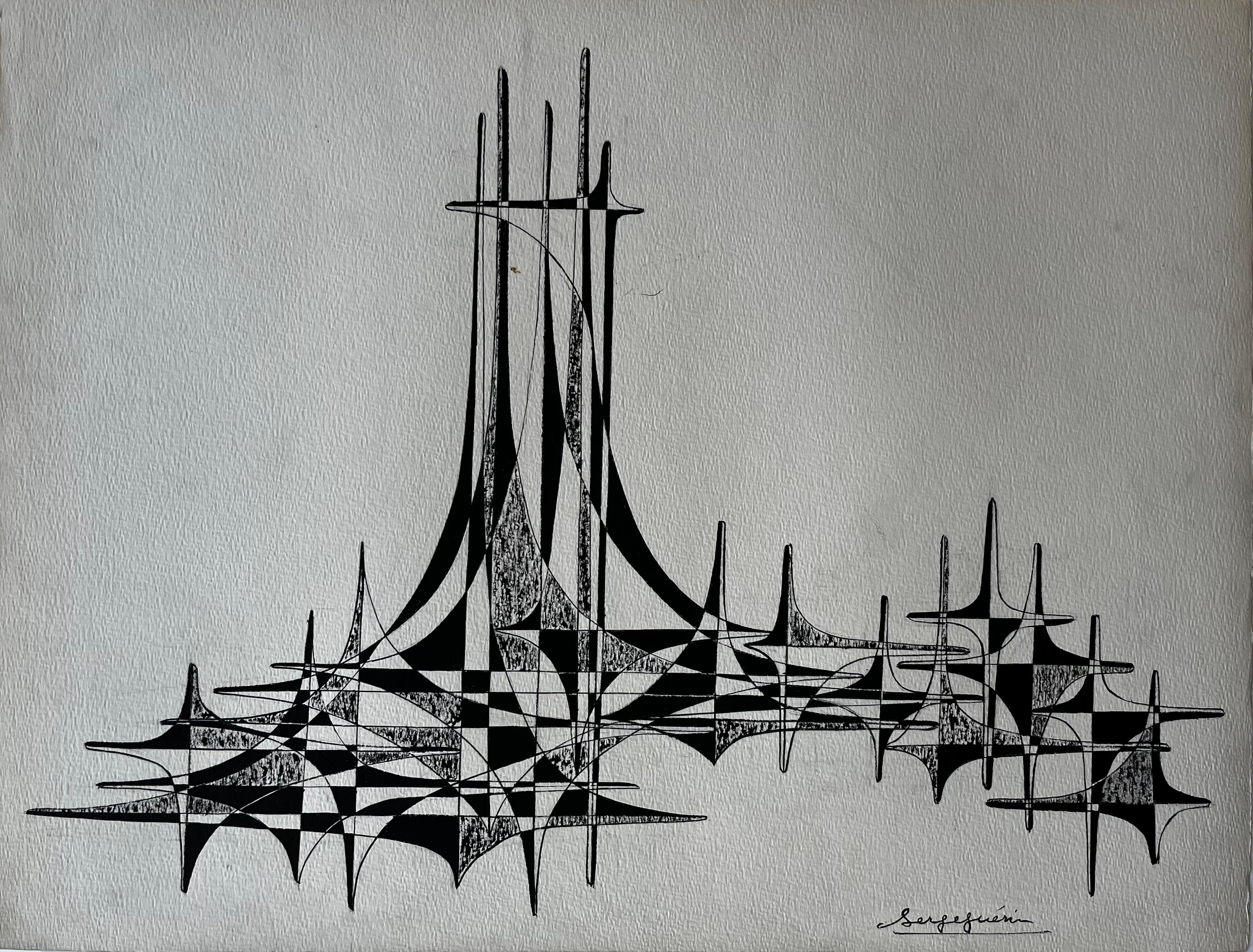 Mid Century French Architectural Abstract Ink Drawing Signed Serge Guerin