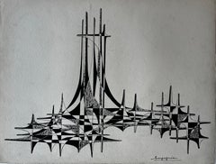 Mid Century French Architectural Abstract Ink Drawing Signed Serge Guerin