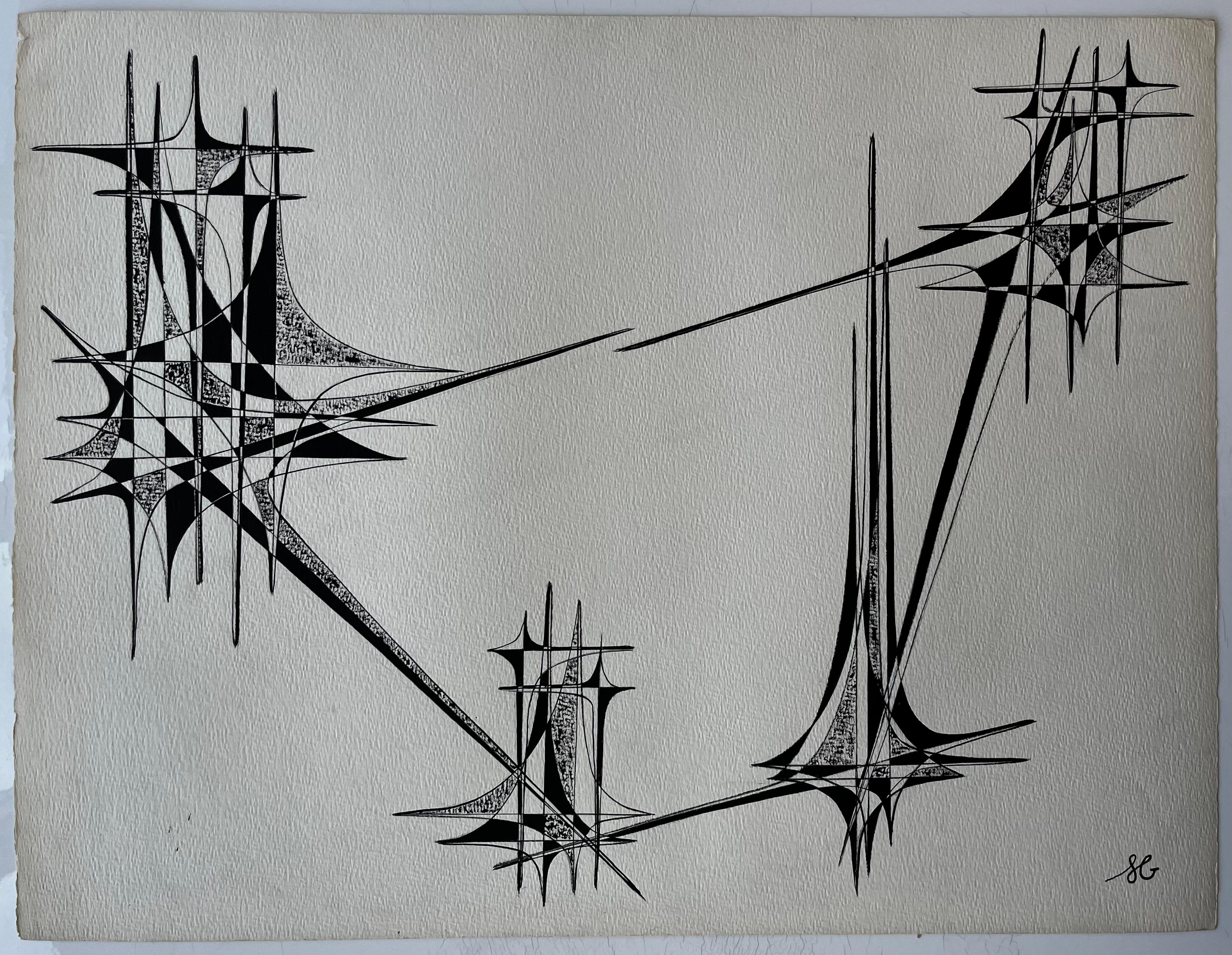 Mid Century French Architectural Abstract Ink Drawing Signed SG - Abstract Geometric Art by Serge Guerin (1916)