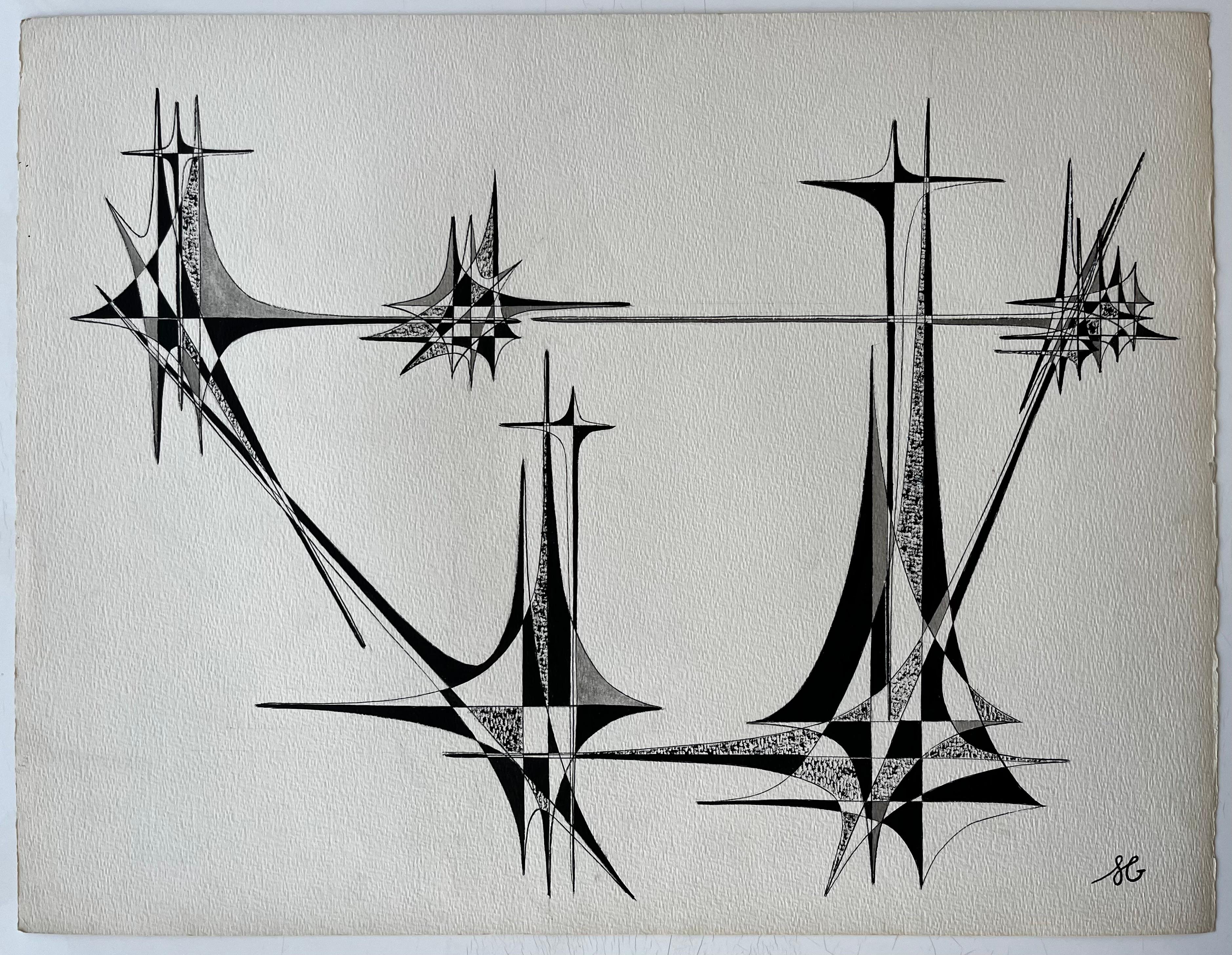 Mid Century French Architectural Abstract Ink Drawing Signed SG - Abstract Geometric Art by Serge Guerin (1916)