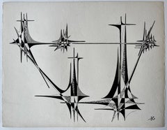 Mid Century French Architectural Abstract Ink Drawing Signed SG
