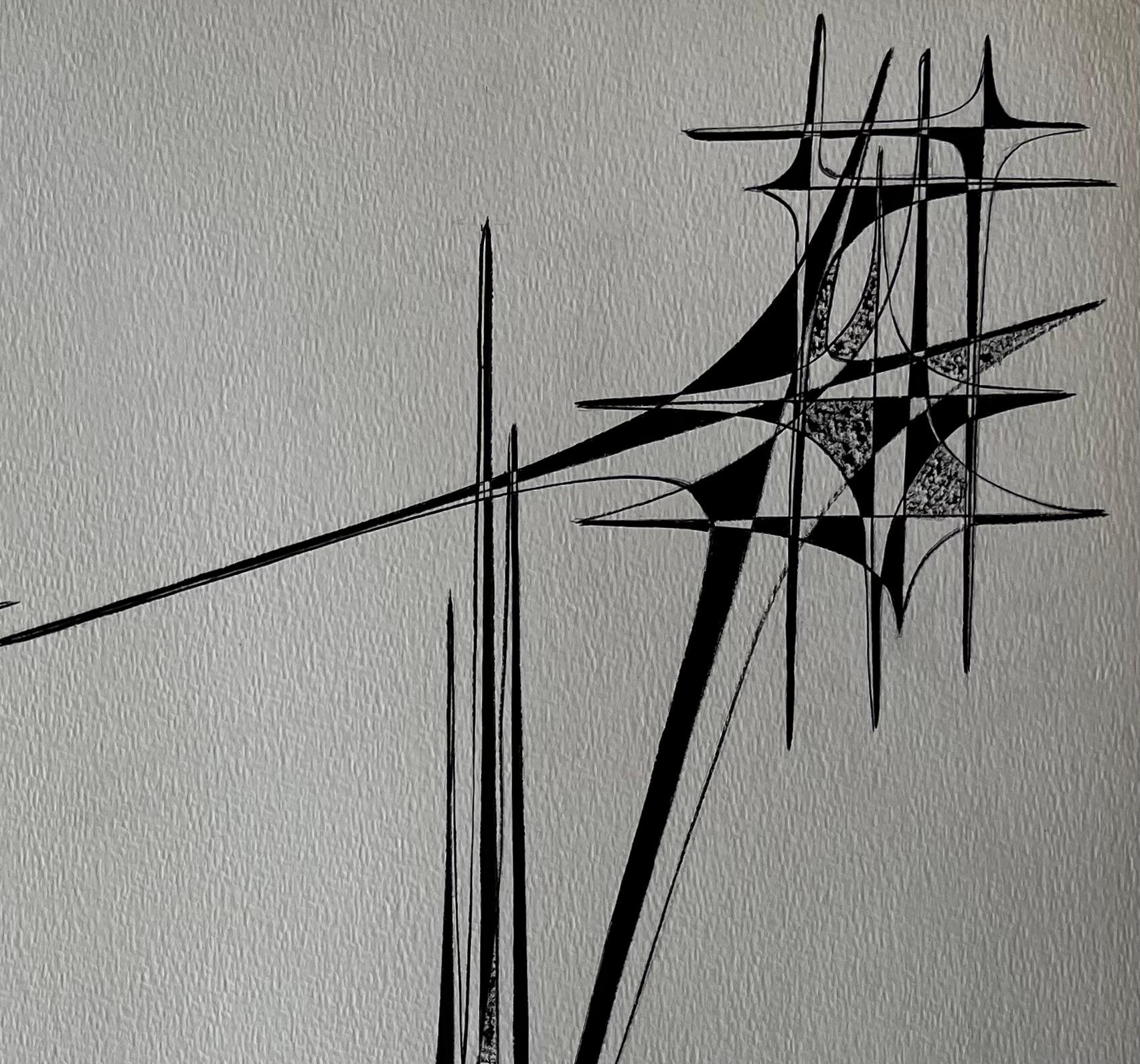 Title: Mid Century French Architectural Abstract Ink Drawing Signed SG
by Serge Guerin (b. 1916), French
signed lower right “SG”, name stamped verso
Ink on artists paper, unframed
Size: 19.75 (height) x 25.75 (width) inches
Provenance: private