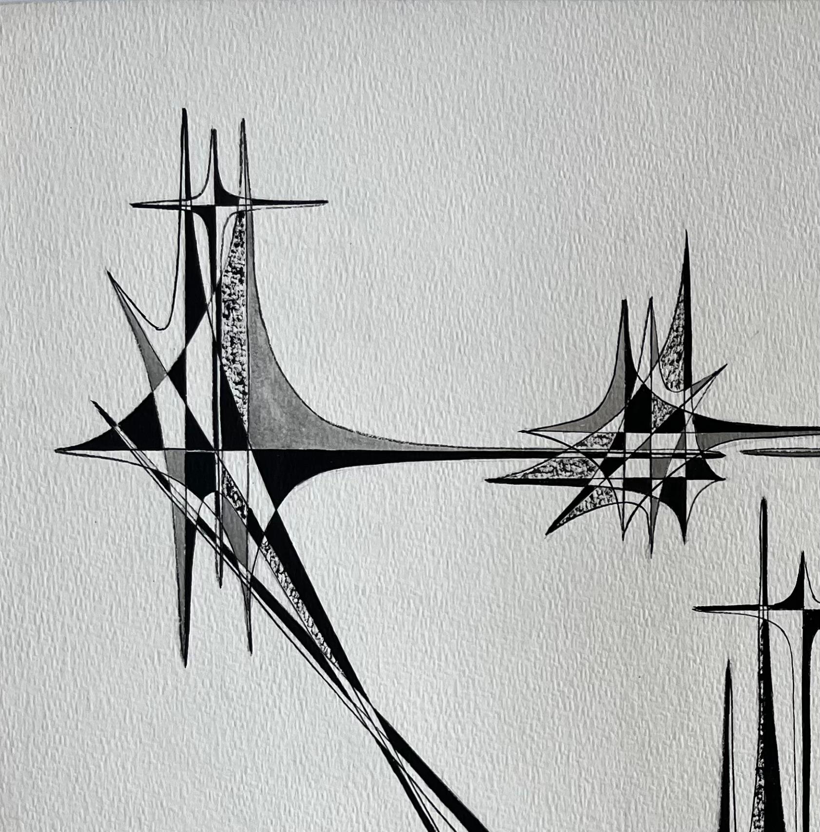 Title: Mid Century French Architectural Abstract Ink Drawing Signed SG
by Serge Guerin (b. 1916), French
signed lower right 'SG', name stamped verso
Ink on artists paper, unframed
Size: 19.75 (height) x 25.75 (width) inches
Provenance: private