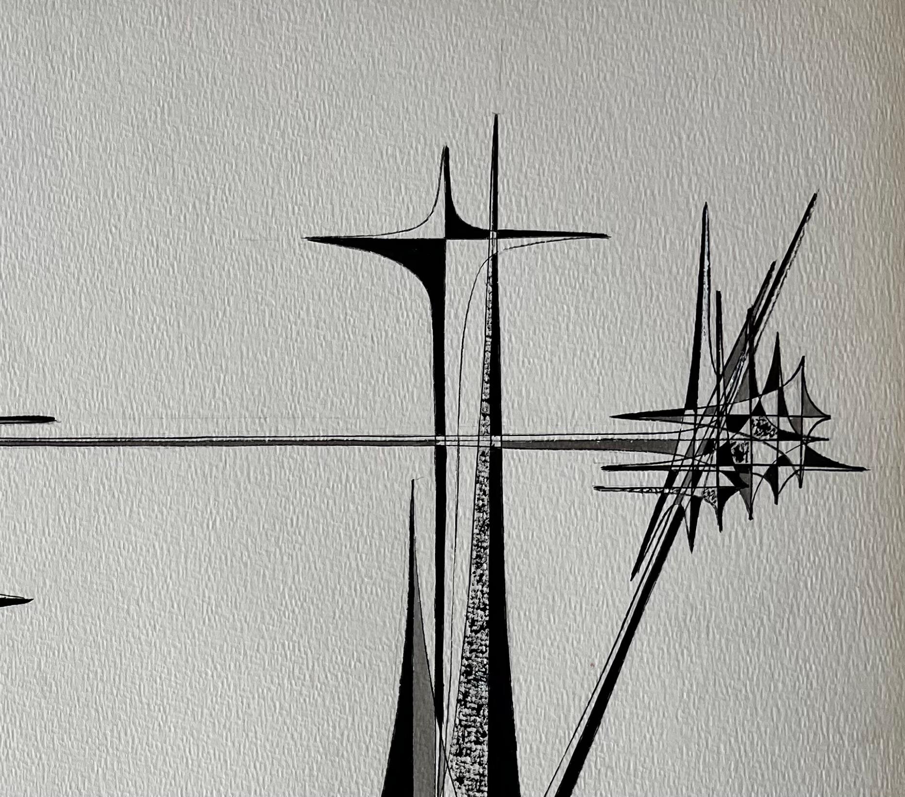 Mid Century French Architectural Abstract Ink Drawing Signed SG For Sale 1