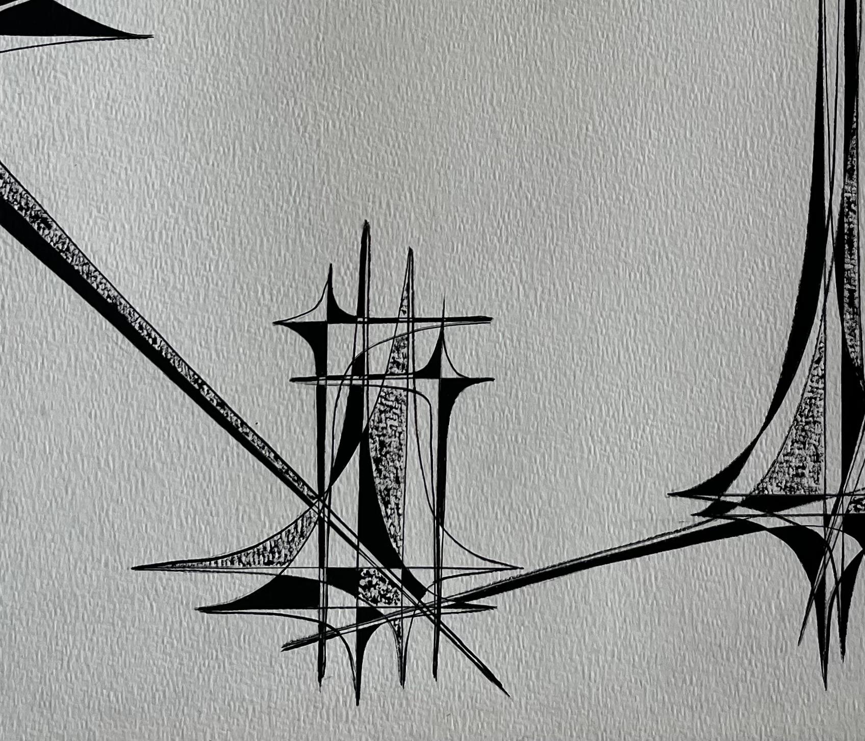 Mid Century French Architectural Abstract Ink Drawing Signed SG For Sale 2