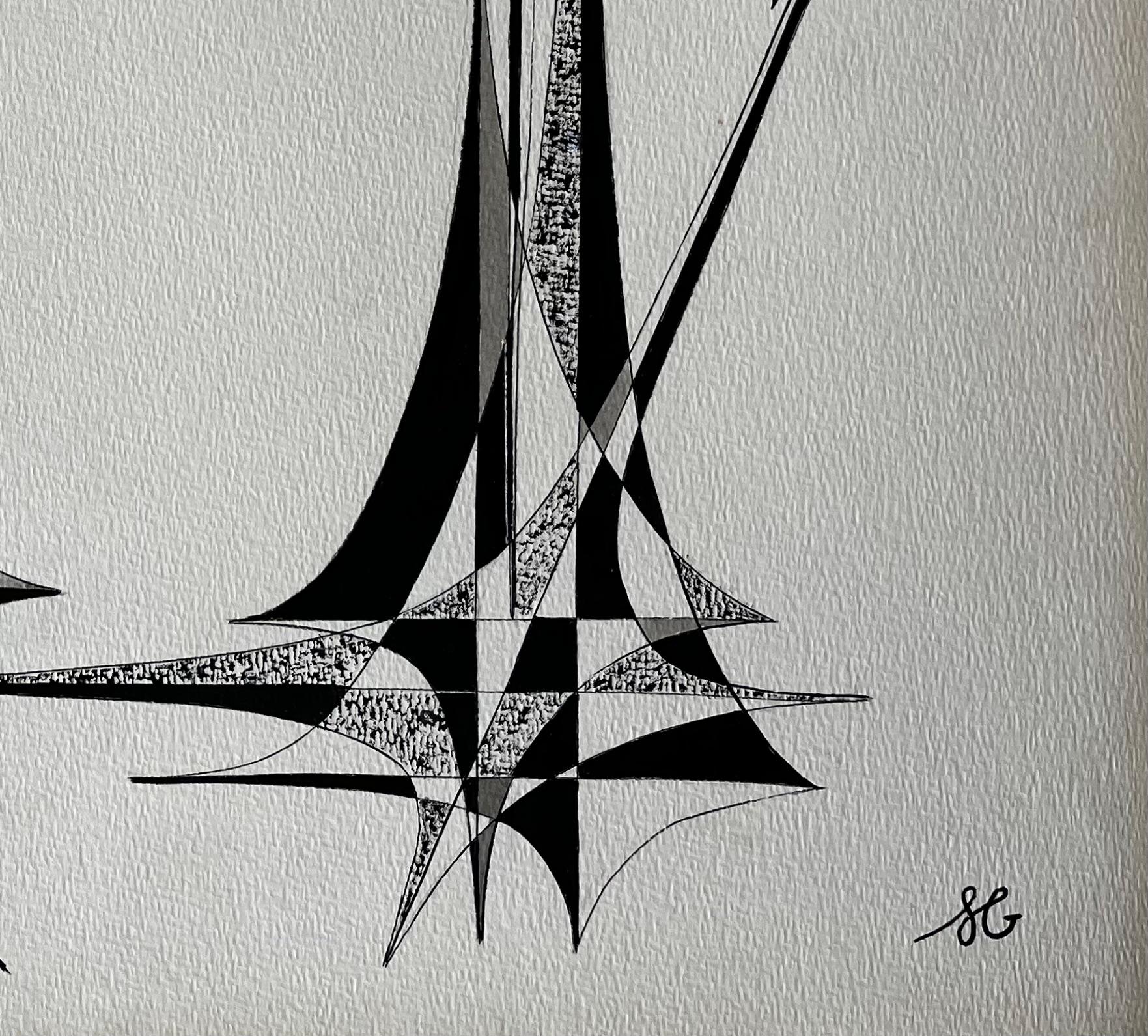 Mid Century French Architectural Abstract Ink Drawing Signed SG For Sale 2