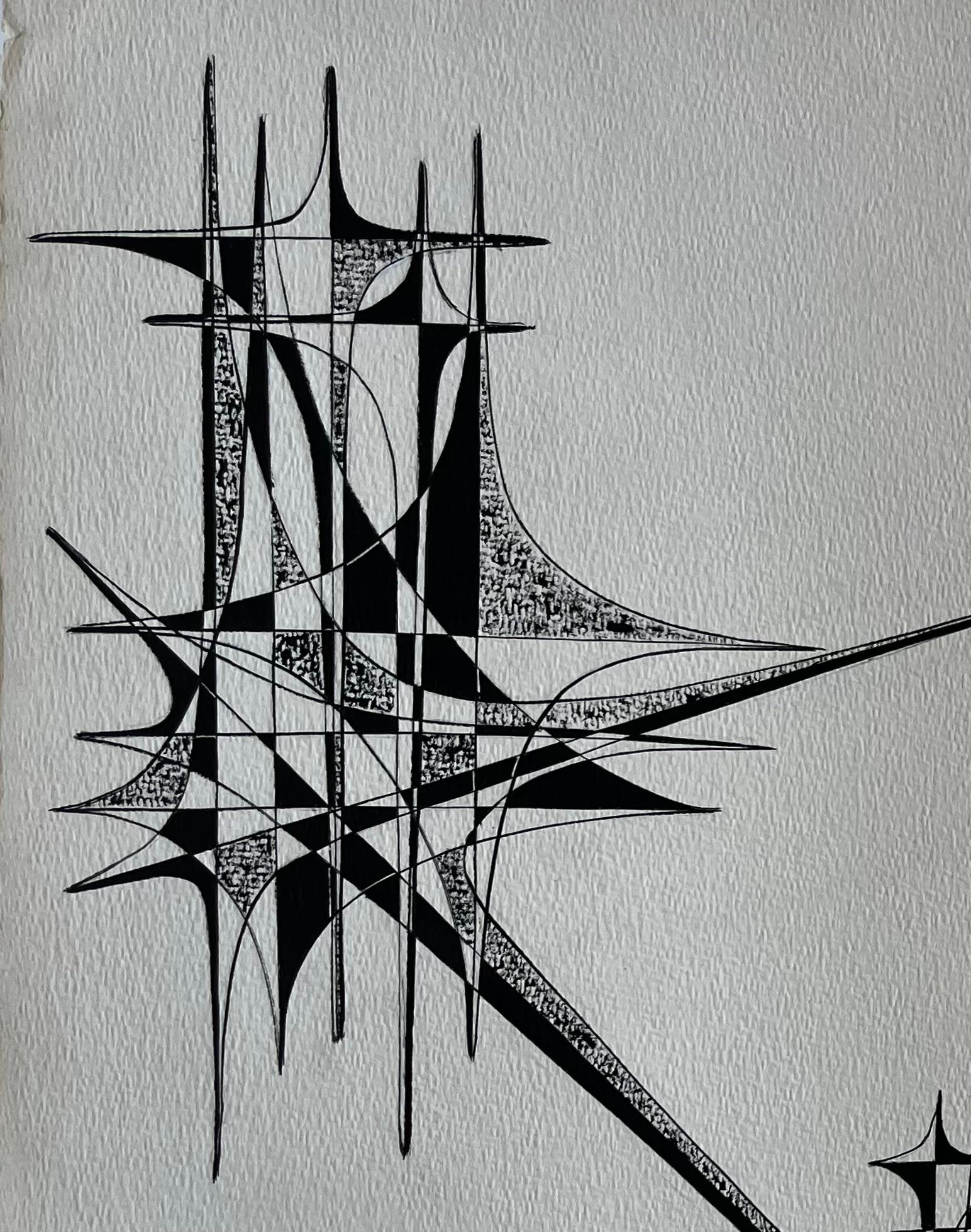 Mid Century French Architectural Abstract Ink Drawing Signed SG For Sale 3