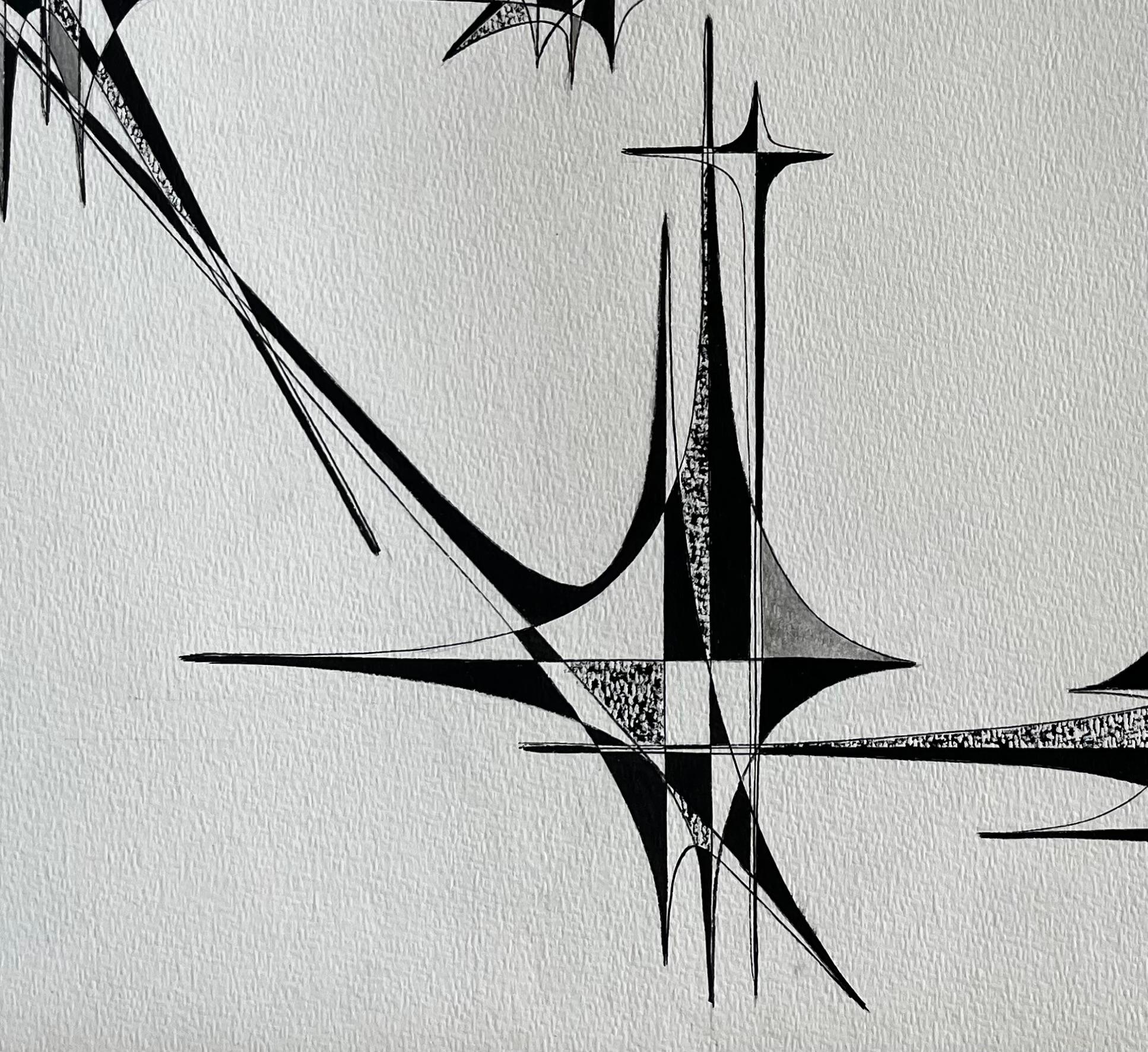 Mid Century French Architectural Abstract Ink Drawing Signed SG For Sale 3
