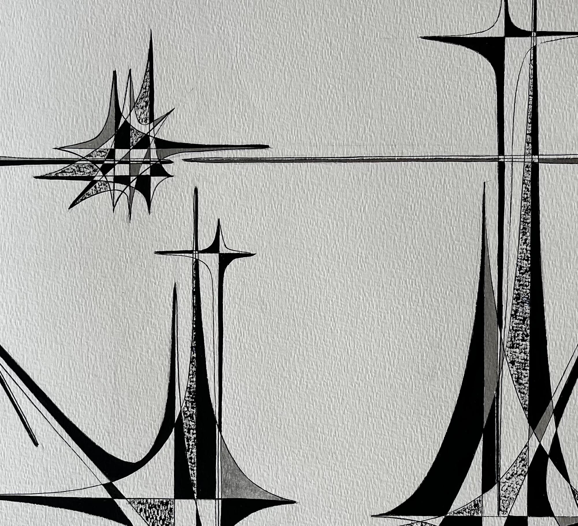 Mid Century French Architectural Abstract Ink Drawing Signed SG For Sale 4