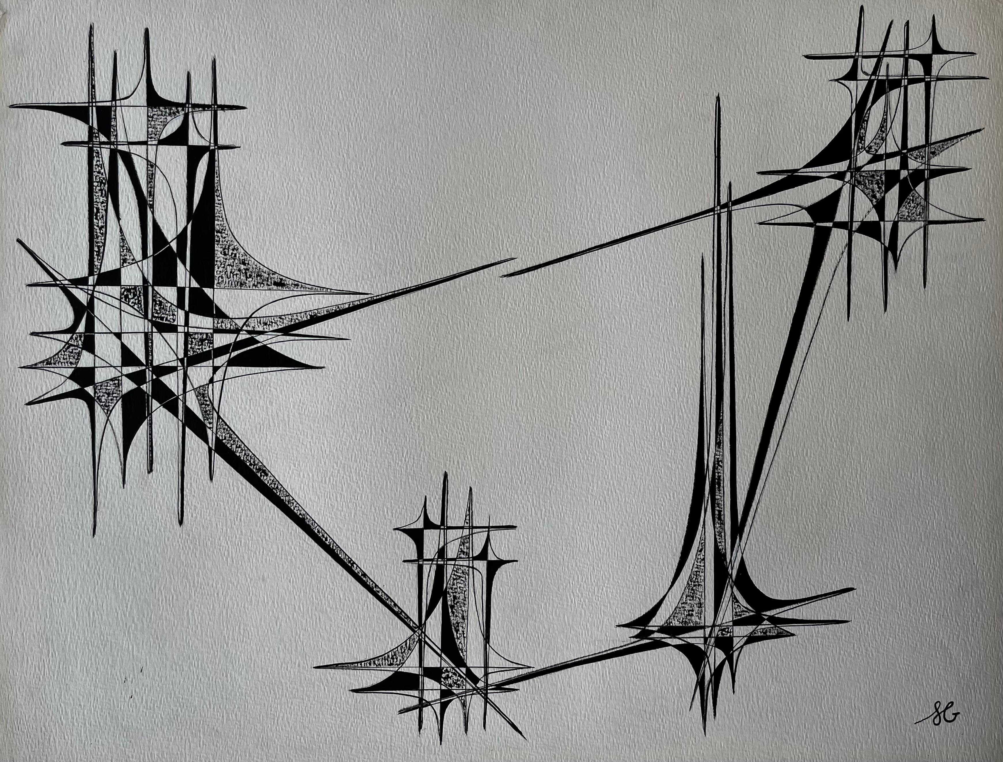 Mid Century French Architectural Abstract Ink Drawing Signed SG