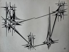 Mid Century French Architectural Abstract Ink Drawing Signed SG