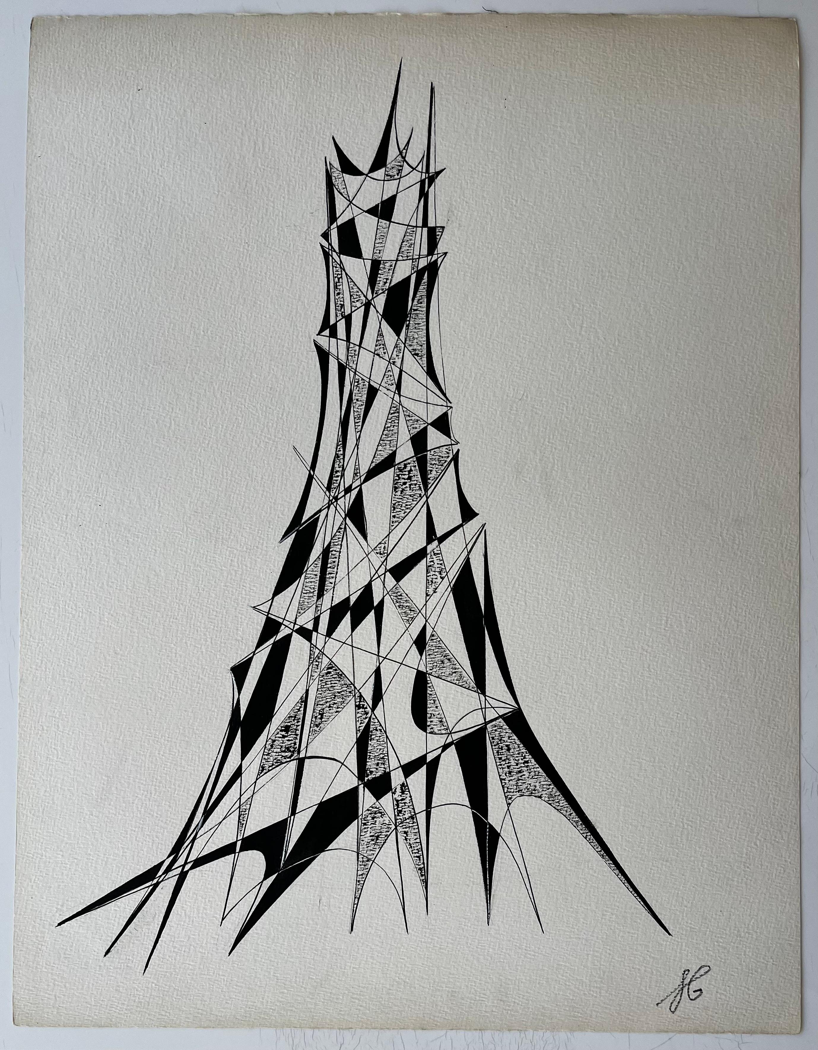 Mid Century French Architectural Abstract Ink Drawing Tower Form Signed SG - Abstract Geometric Art by Serge Guerin (1916)