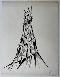 Mid Century French Architectural Abstract Ink Drawing Tower Form Signed SG