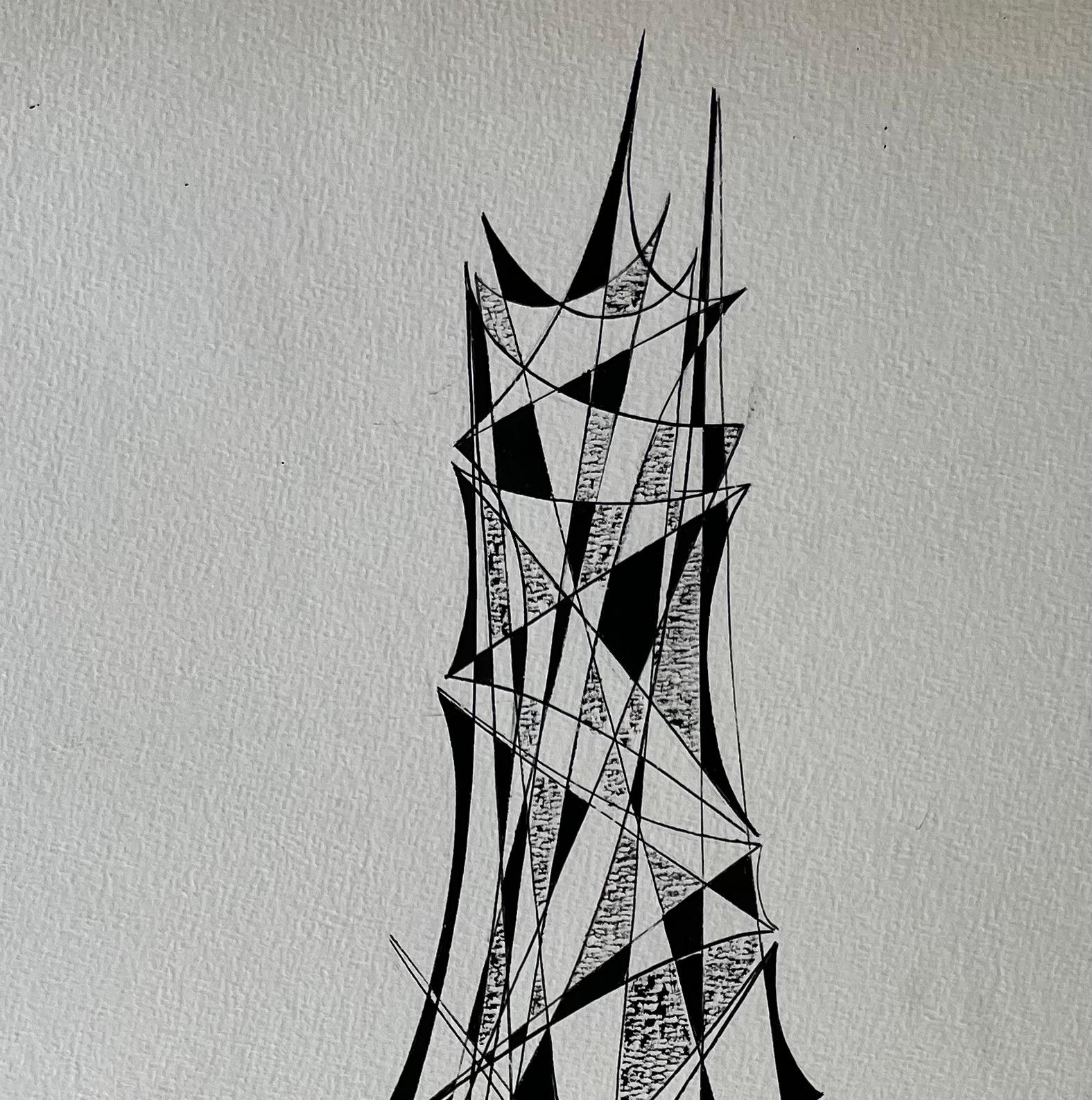 Title: Mid Century French Architectural Abstract Ink Drawing Tower Form Signed SG
by Serge Guerin (b. 1916), French
signed lower right “SG”, name stamped verso
Ink on artists paper, unframed
Size: 25.75 (height) x 19.75 (width) inches
Provenance: