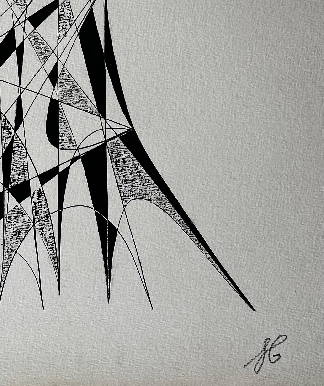 Mid Century French Architectural Abstract Ink Drawing Tower Form Signed SG For Sale 1