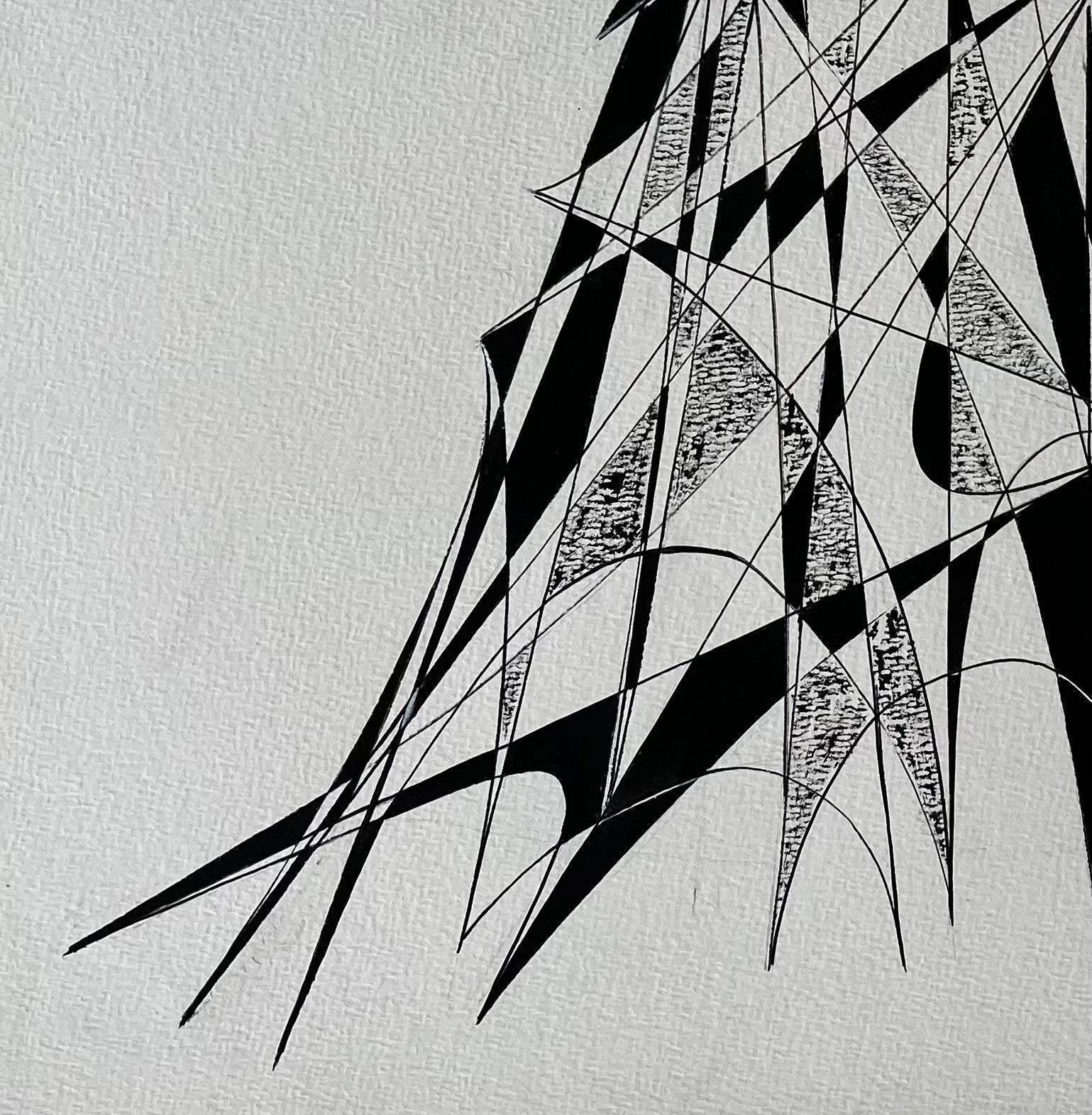 Mid Century French Architectural Abstract Ink Drawing Tower Form Signed SG For Sale 2