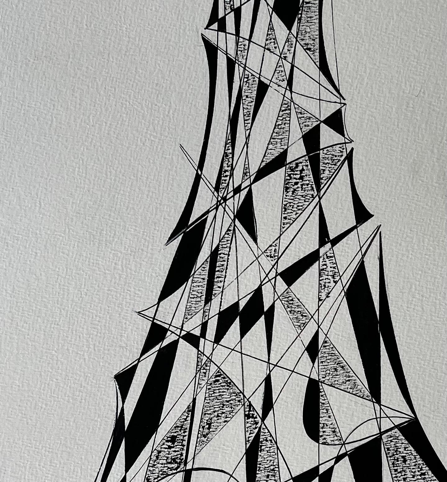 Mid Century French Architectural Abstract Ink Drawing Tower Form Signed SG For Sale 3