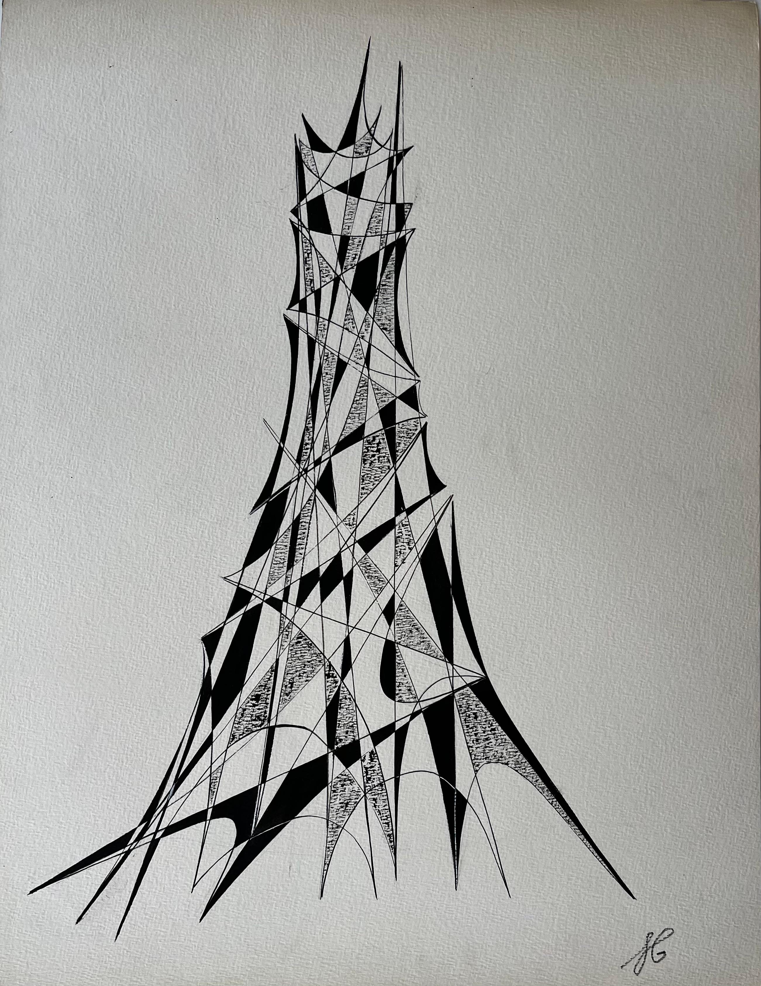 Mid Century French Architectural Abstract Ink Drawing Tower Form Signed SG - Art by Serge Guerin (1916)