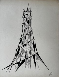 Mid Century French Architectural Abstract Ink Drawing Tower Form Signed SG