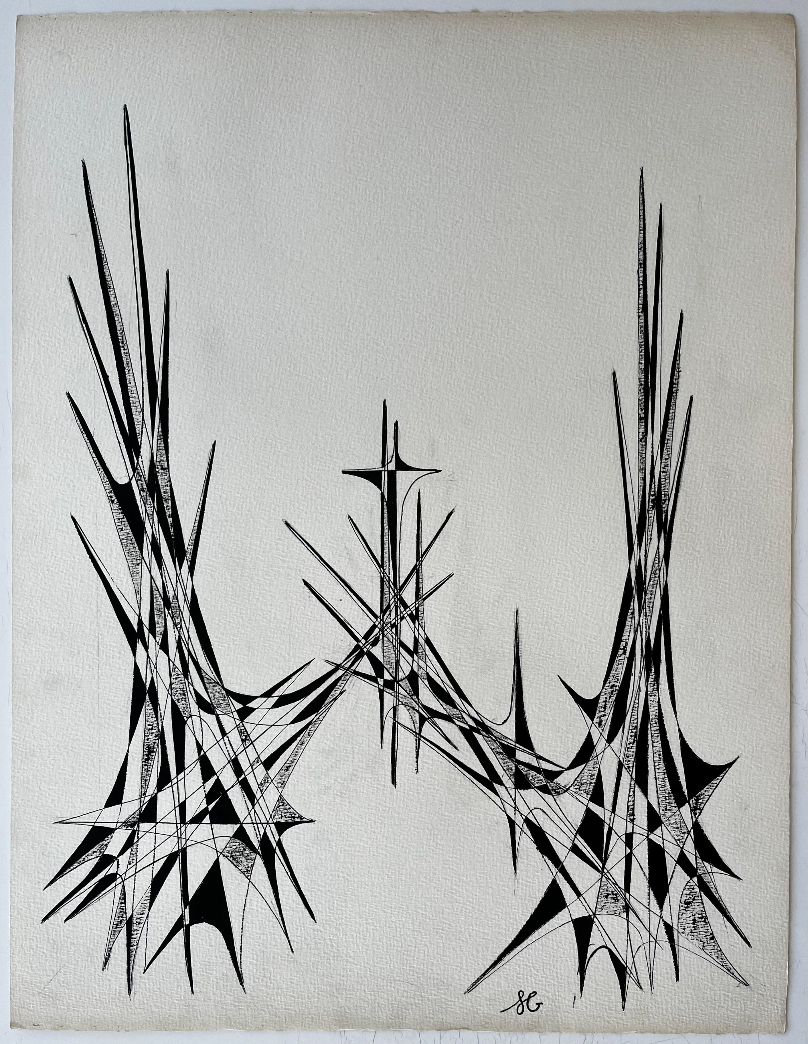 Mid Century French Architectural Geometric Ink Drawing Signed SG - Painting by Serge Guerin (1916)