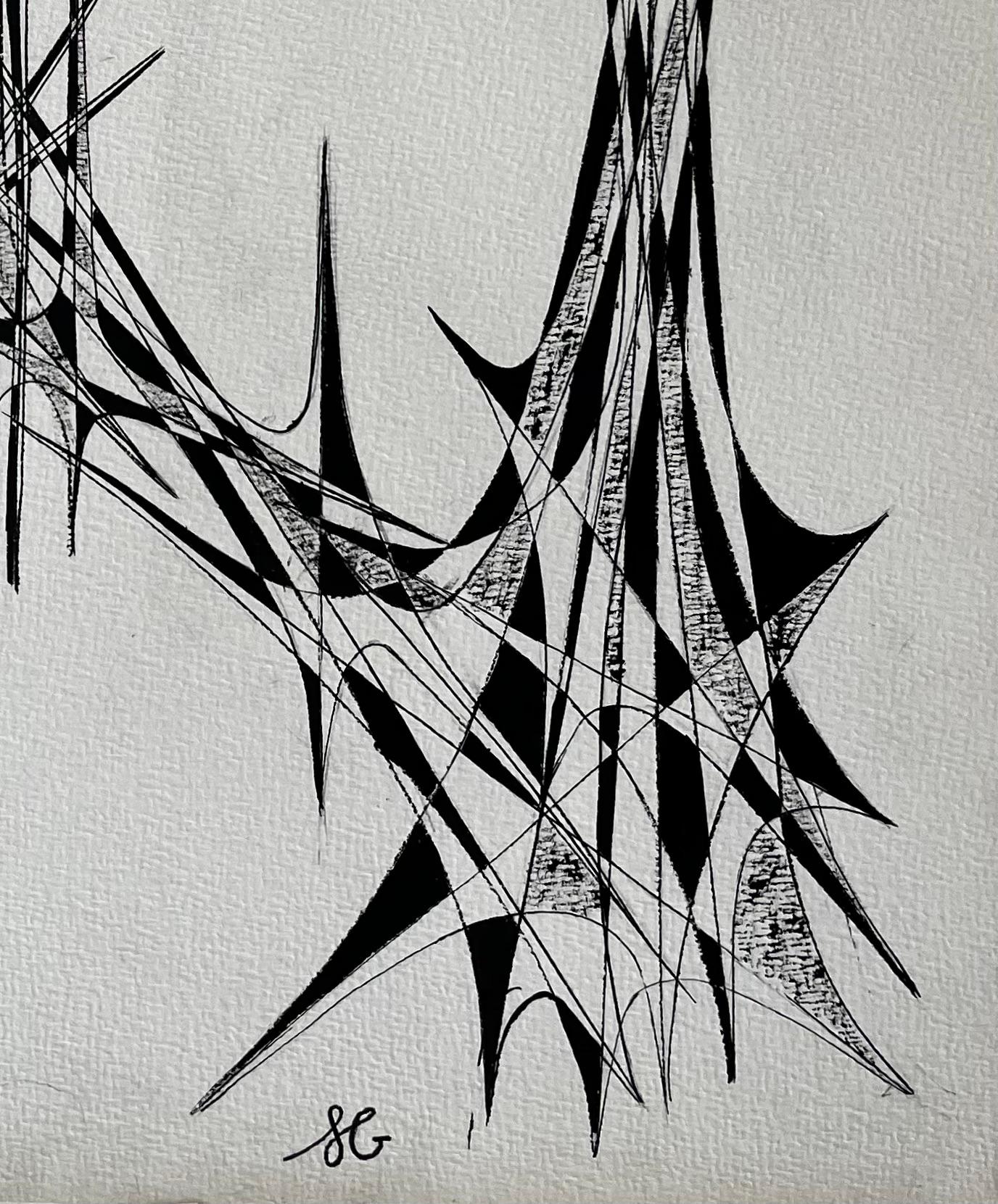 Mid Century French Architectural Geometric Ink Drawing Signed SG - Abstract Geometric Painting by Serge Guerin (1916)