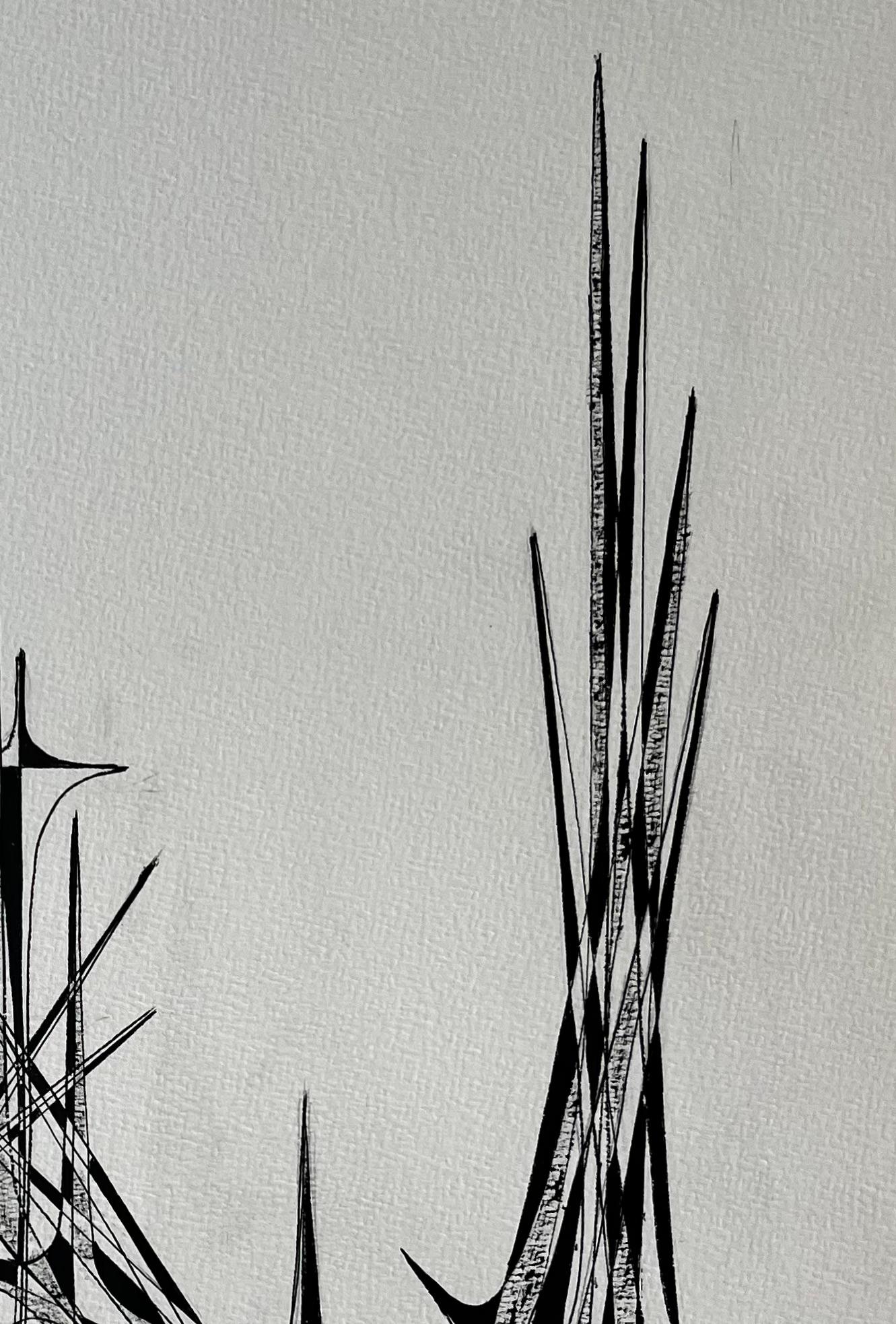 Mid Century French Architectural Geometric Ink Drawing Signed SG - Gray Abstract Painting by Serge Guerin (1916)