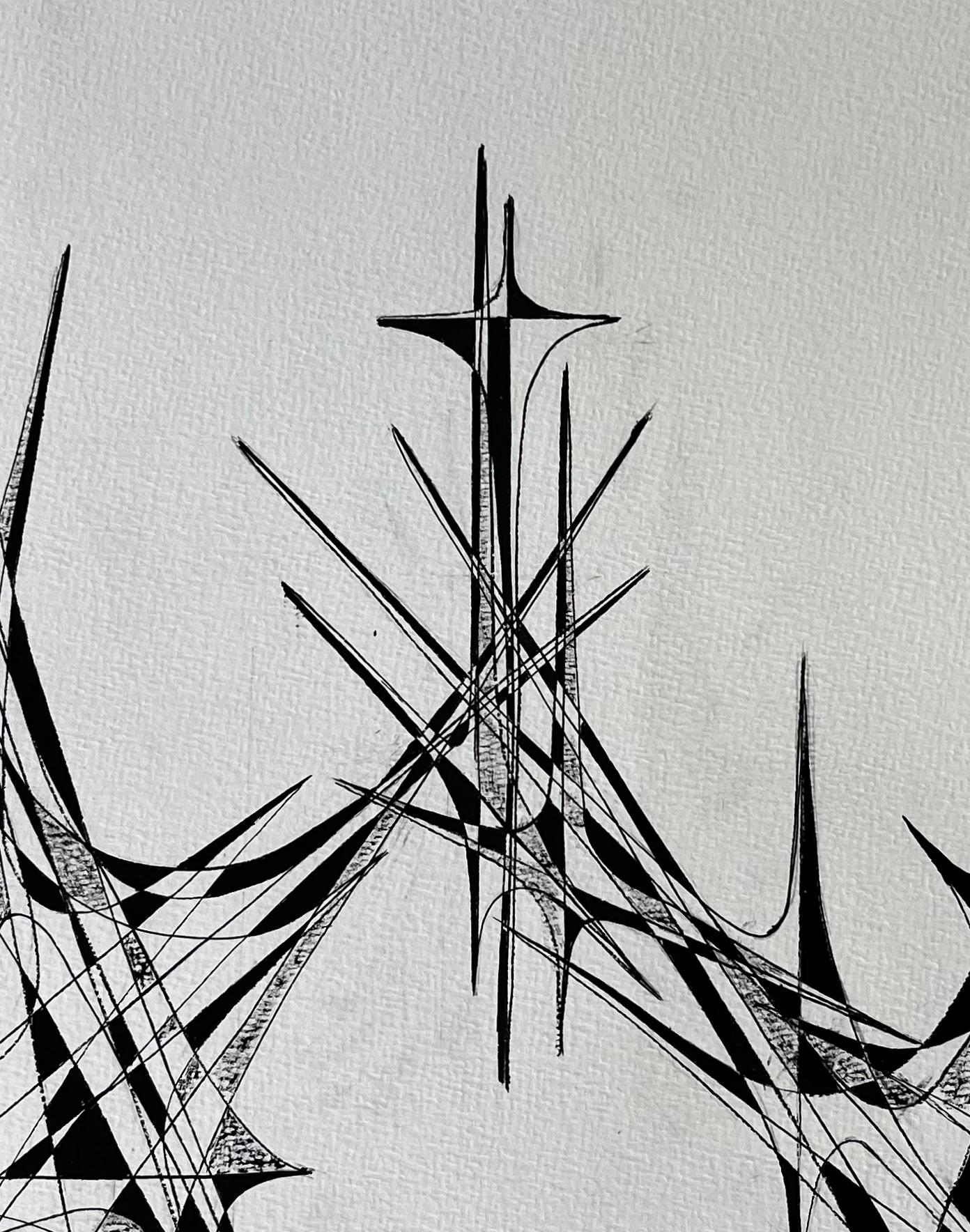 Title: Mid Century French Black and White Geometric Abstract Drawing Signed SG
by Serge Guerin (b. 1916), French
signed lower right “SG”, name stamped verso
Ink on artists paper, unframed
Size: 26 (height) x 19.75 (width) inches
Provenance: private