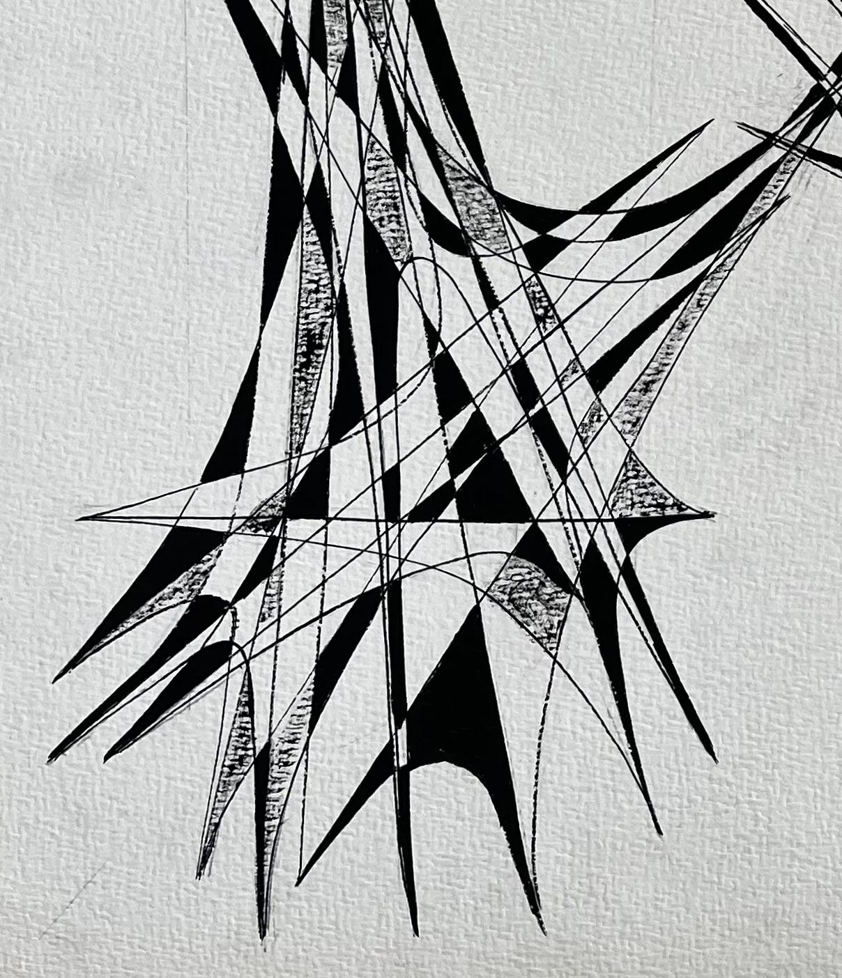 Mid Century French Architectural Geometric Ink Drawing Signed SG For Sale 1