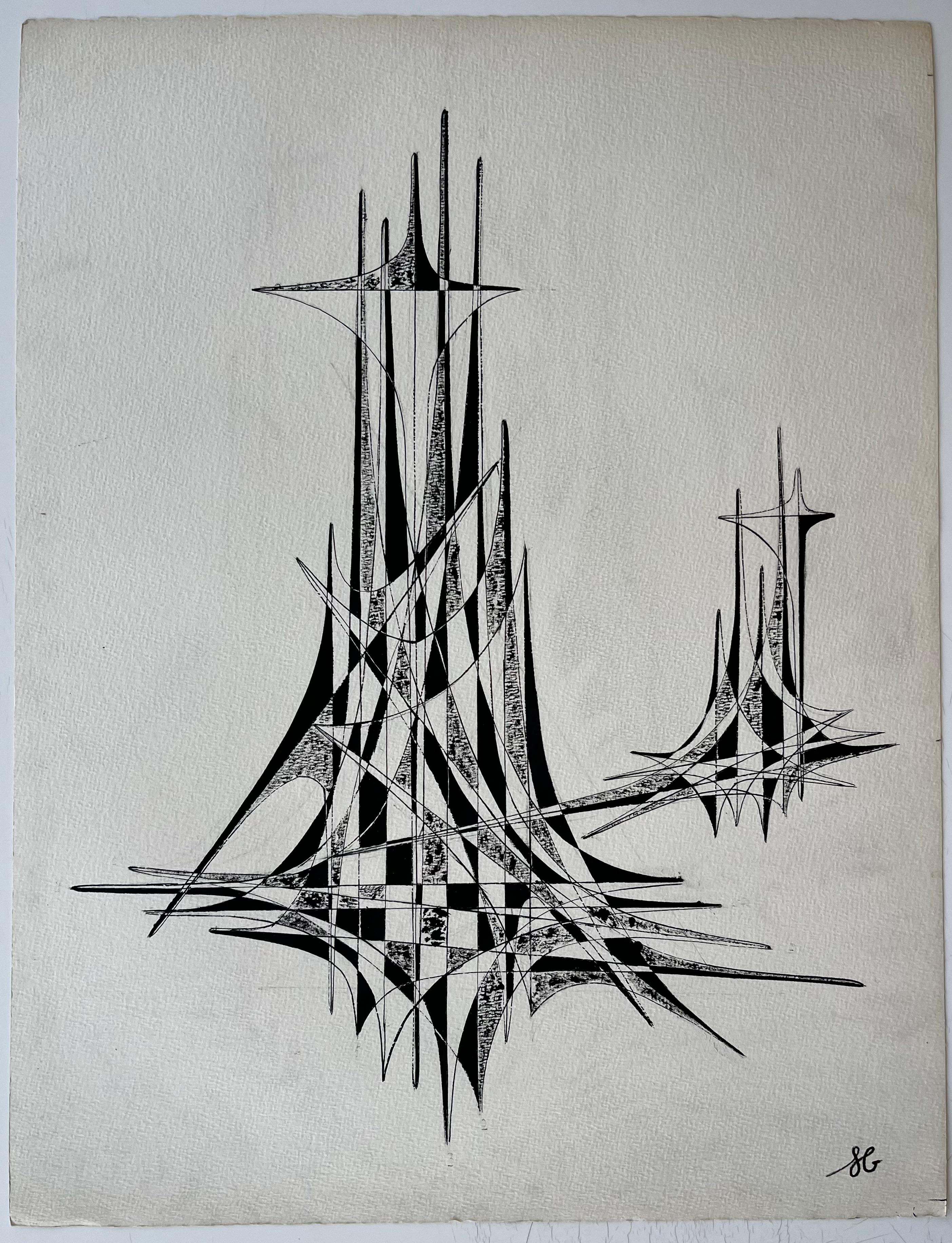 Mid Century French Black and White Geometric Abstract Drawing Signed SG – Painting von Serge Guerin (1916)