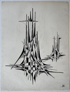 Mid Century French Black and White Geometric Abstract Drawing Signed SG