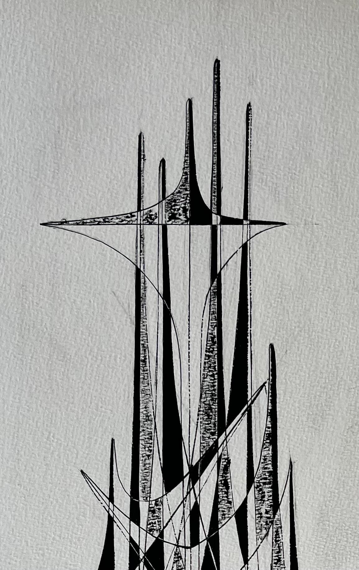 Mid Century French Black and White Geometric Abstract Drawing Signed SG (Geometrische Abstraktion), Painting, von Serge Guerin (1916)