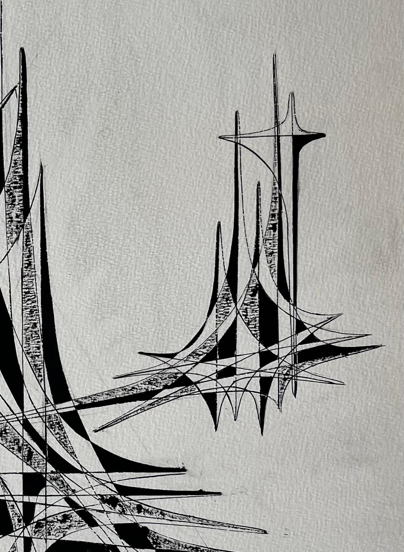 Mid Century French Black and White Geometric Abstract Drawing Signed SG (Grau), Abstract Painting, von Serge Guerin (1916)