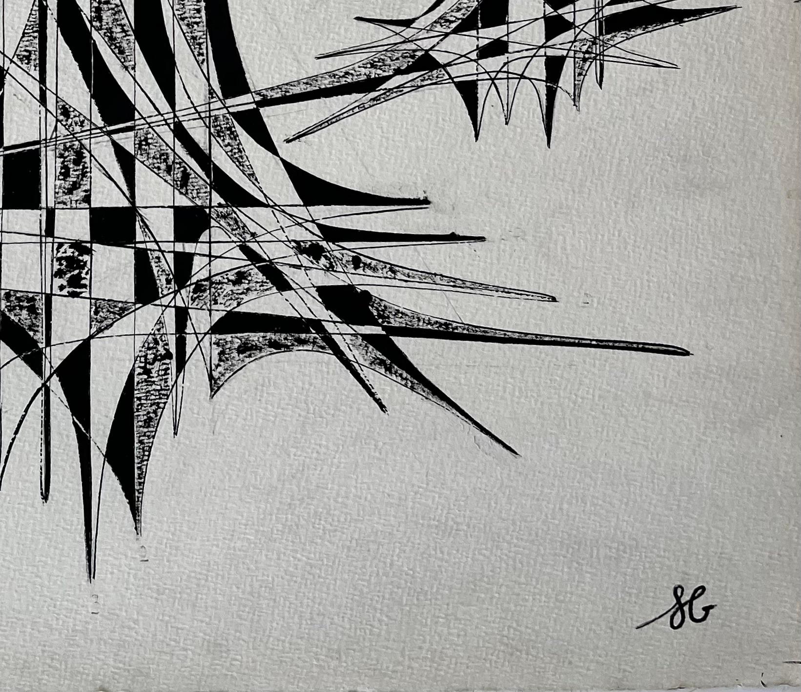 Title: Mid Century French Black and White Geometric Abstract Drawing Signed SG
by Serge Guerin (b. 1916), French
signed lower right “SG”, name stamped verso
Ink on artists paper, unframed
Size: 25.75 (height) x 19.75 (width) inches
Provenance: