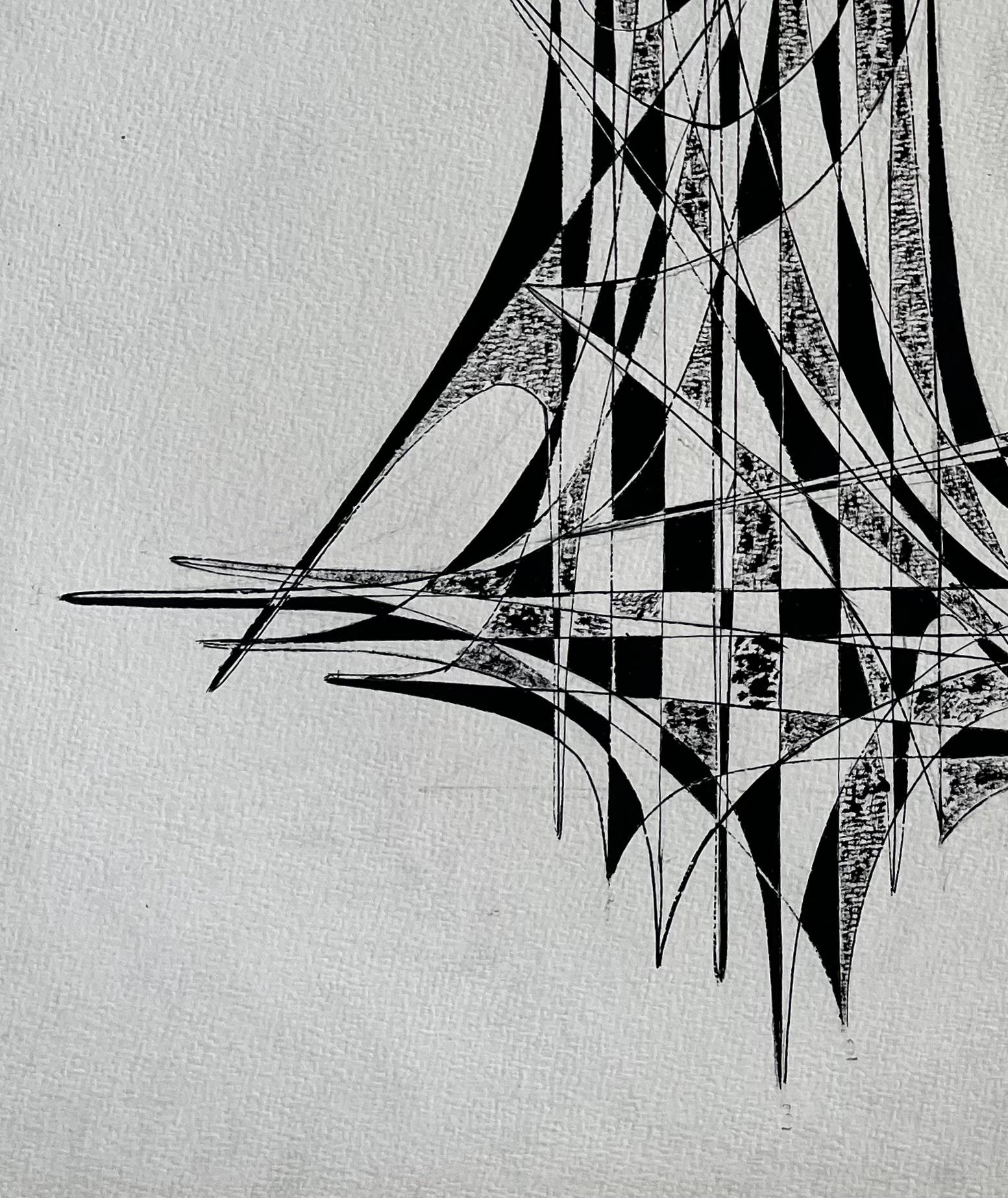 Mid Century French Black and White Geometric Abstract Drawing Signed SG im Angebot 1