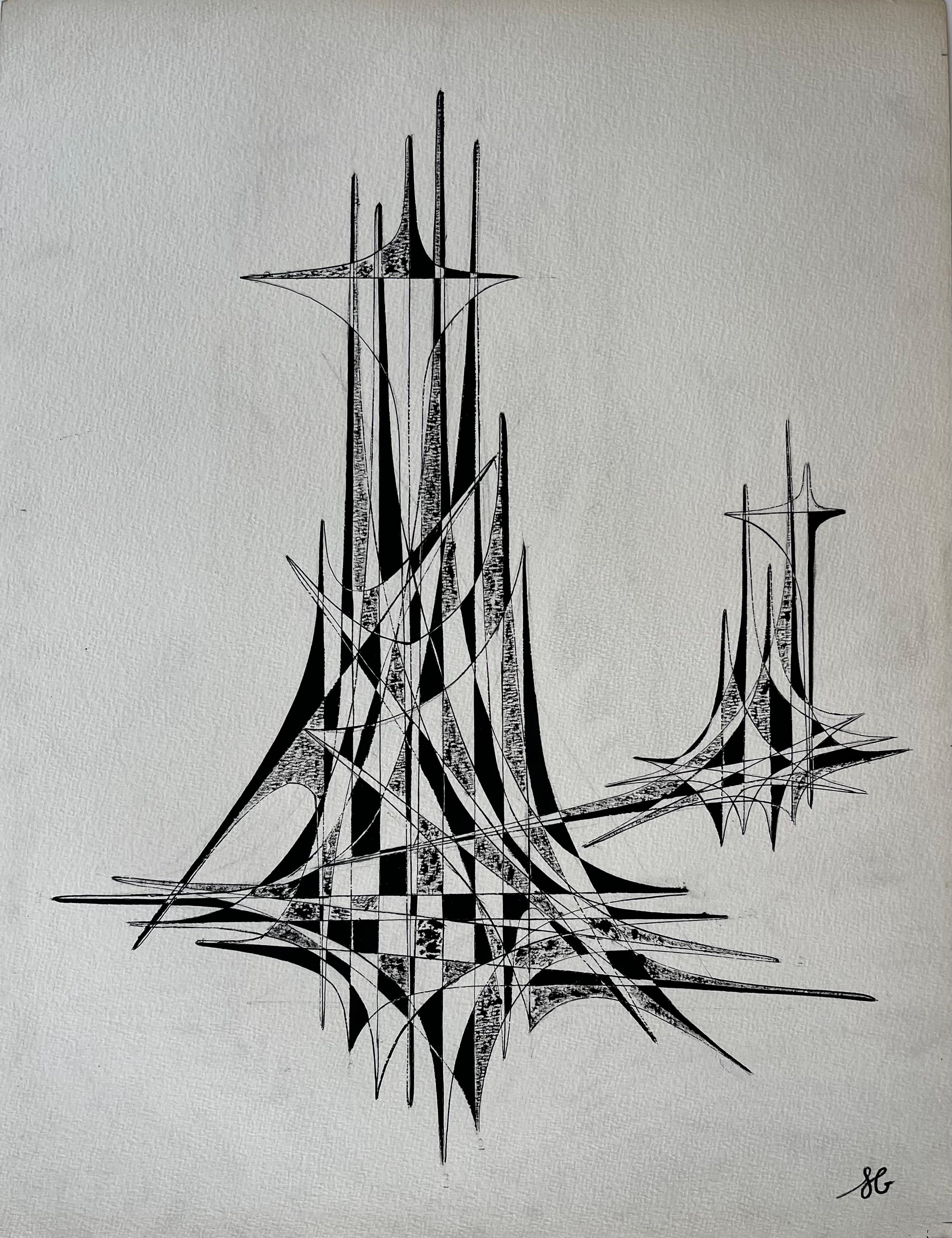 Mid Century French Black and White Geometric Abstract Drawing Signed SG