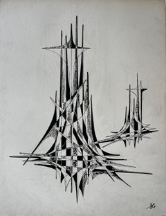 Mid Century French Black and White Geometric Abstract Drawing Signed SG