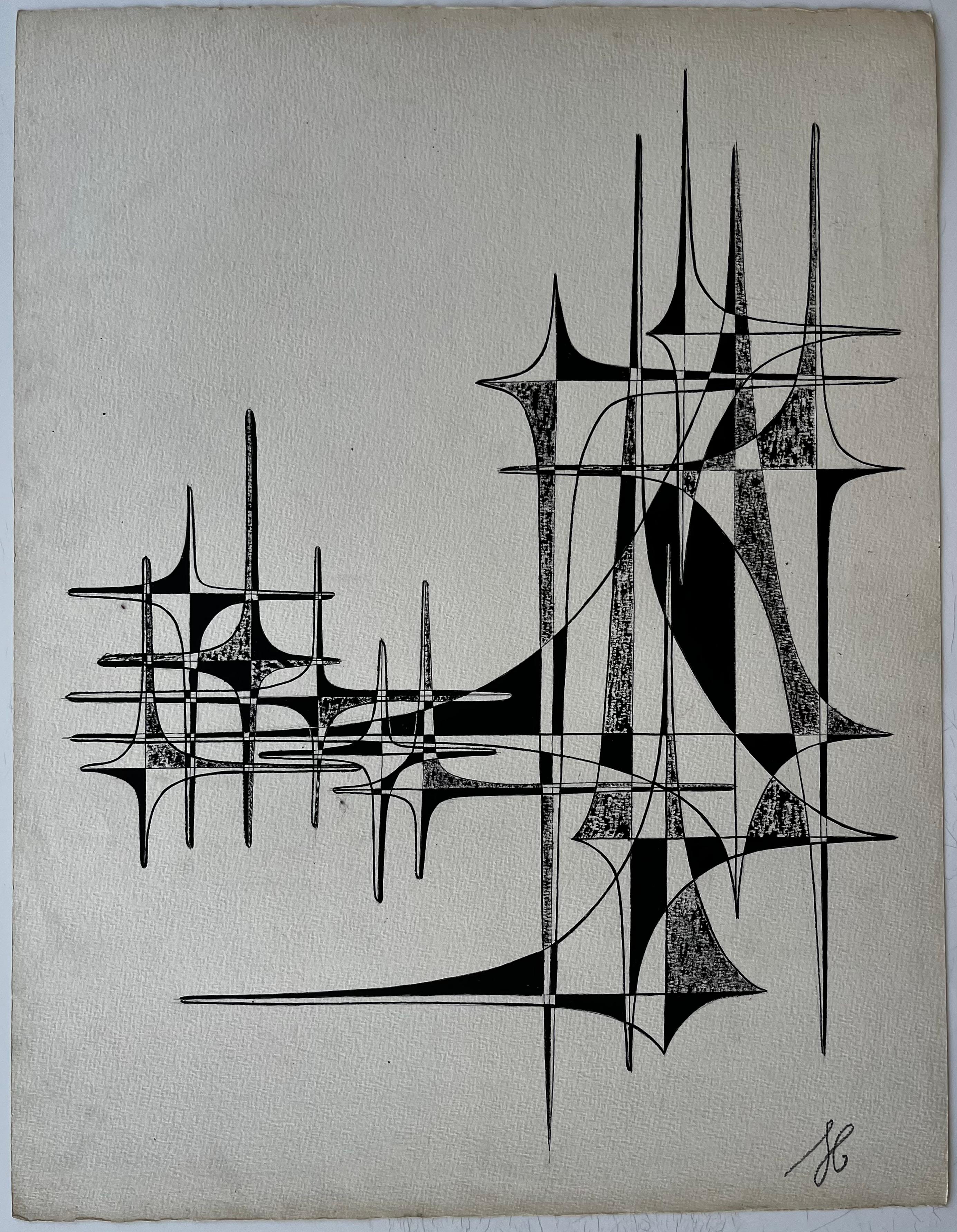 Mid Century French Black and White Geometric Abstract Ink on Paper – Painting von Serge Guerin (1916)