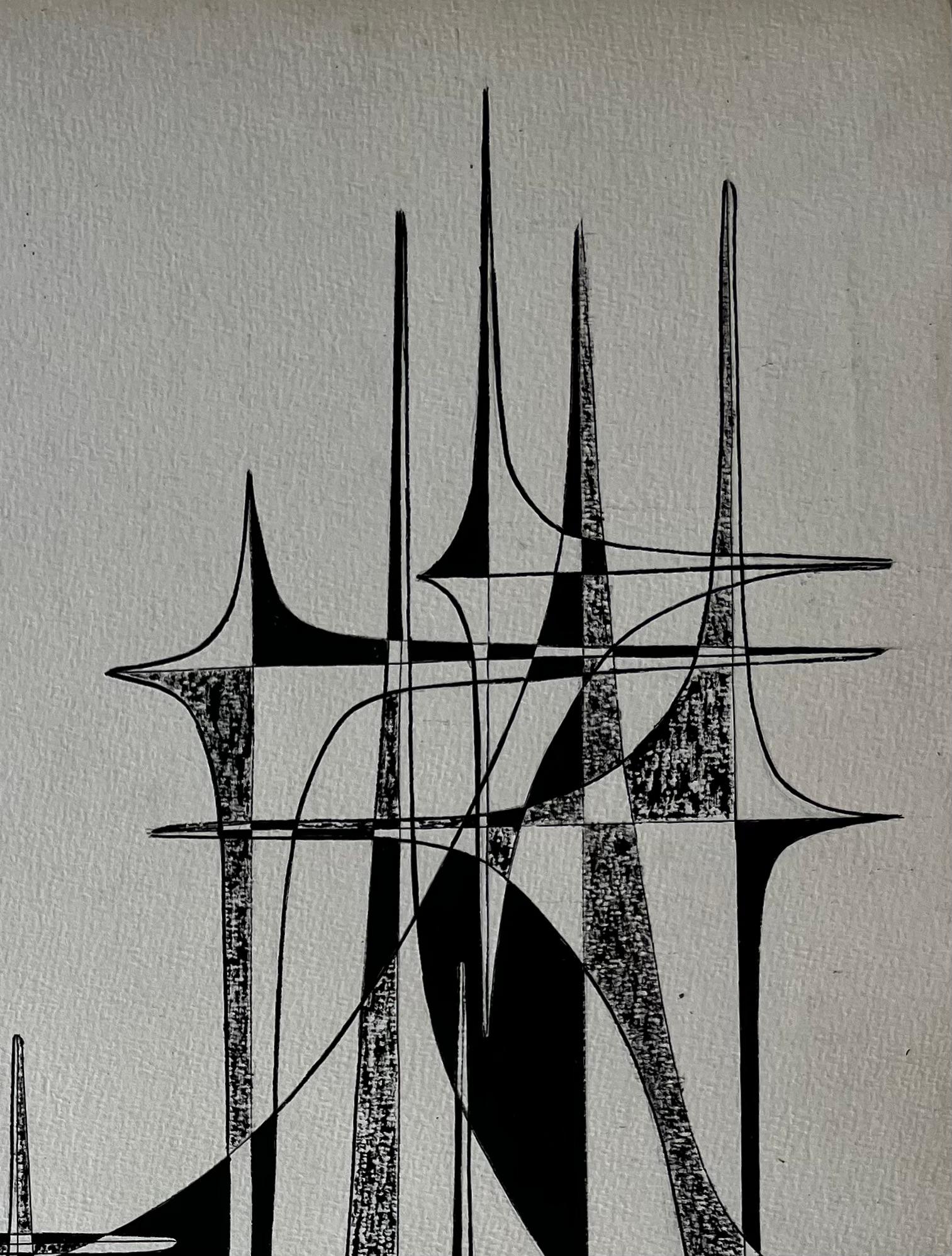Mid Century French Black and White Geometric Abstract Ink on Paper (Geometrische Abstraktion), Painting, von Serge Guerin (1916)