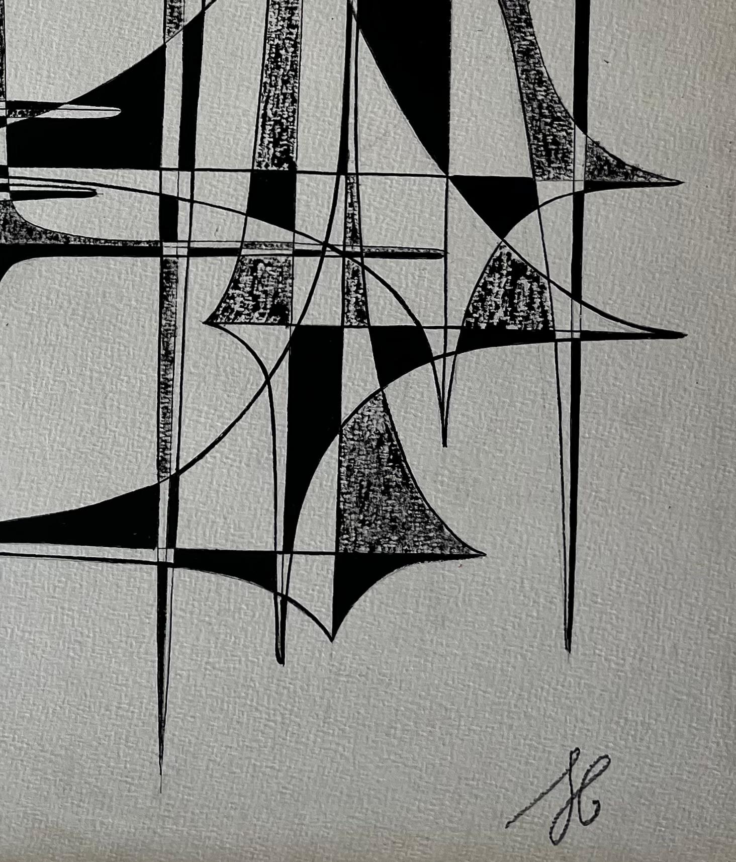 Mid Century French Black and White Geometric Abstract Ink on Paper (Grau), Abstract Painting, von Serge Guerin (1916)