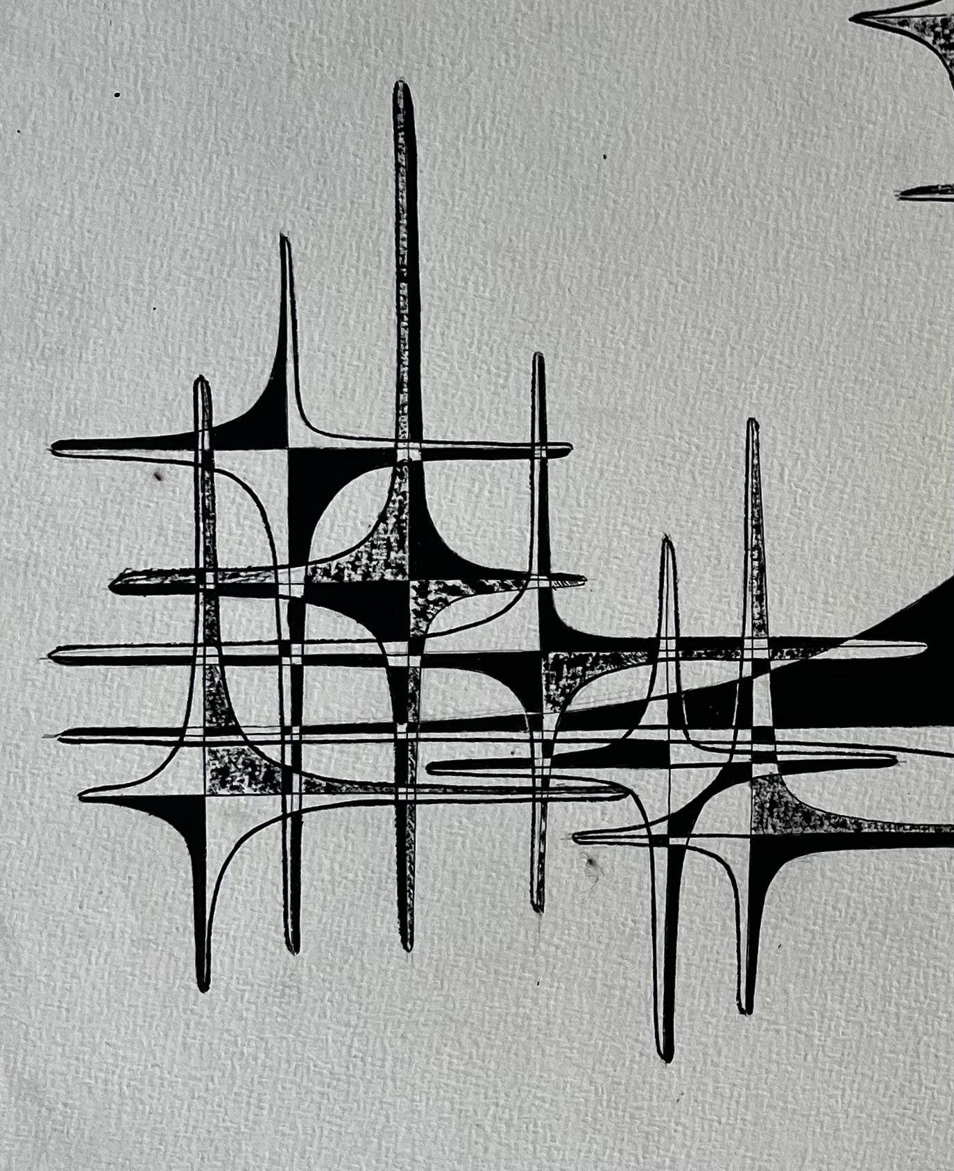 Title: Mid Century French Black and White Geometric Abstract Ink on Paper
by Serge Guerin (b. 1916), French
signed lower right 'SG', name stamped verso
Ink on artists paper, unframed
Size: 25.75 (height) x 19.75 (width) inches
Provenance: private