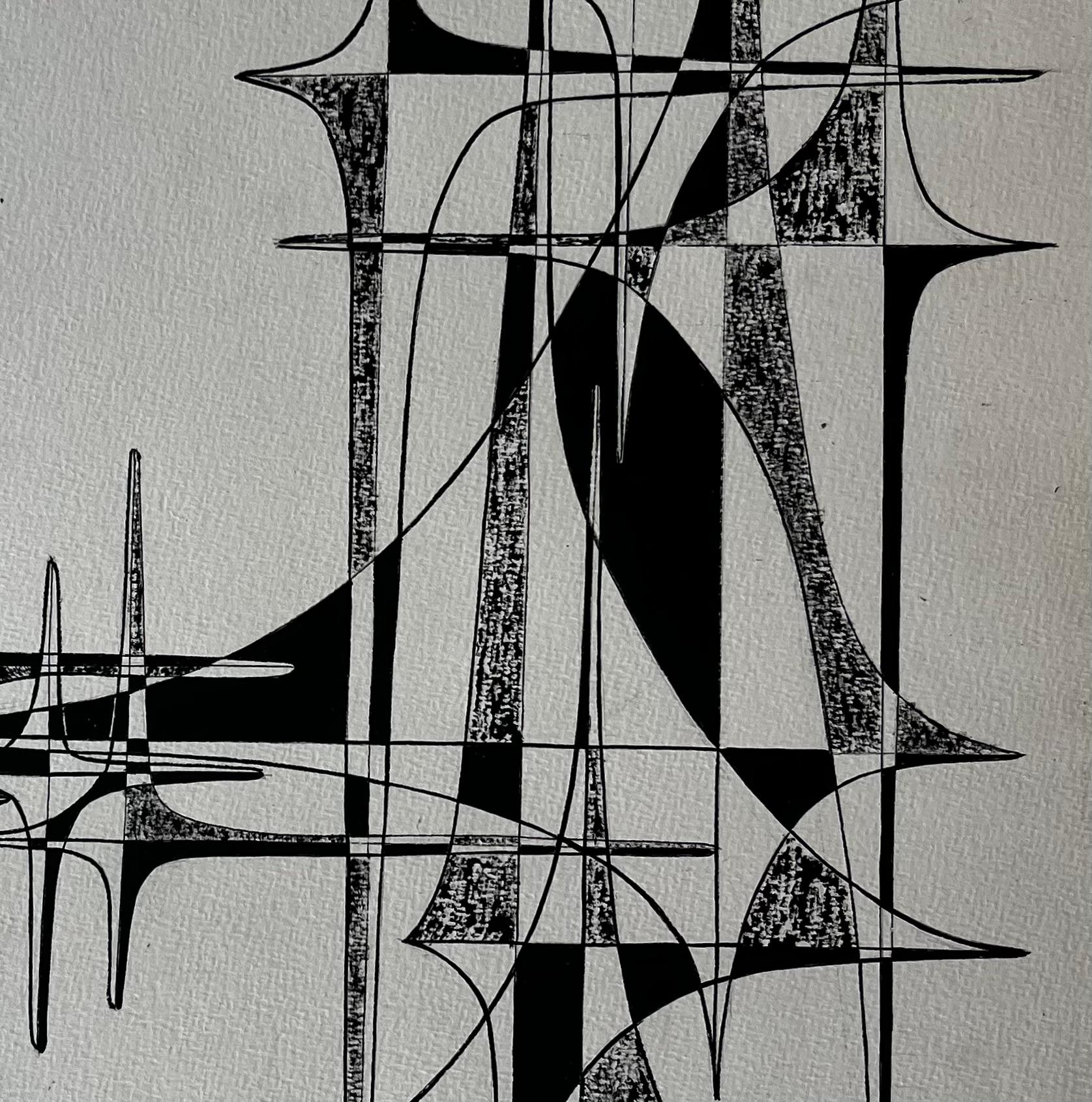 Mid Century French Black and White Geometric Abstract Ink on Paper im Angebot 1