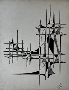 Mid Century French Black and White Geometric Abstract Ink on Paper