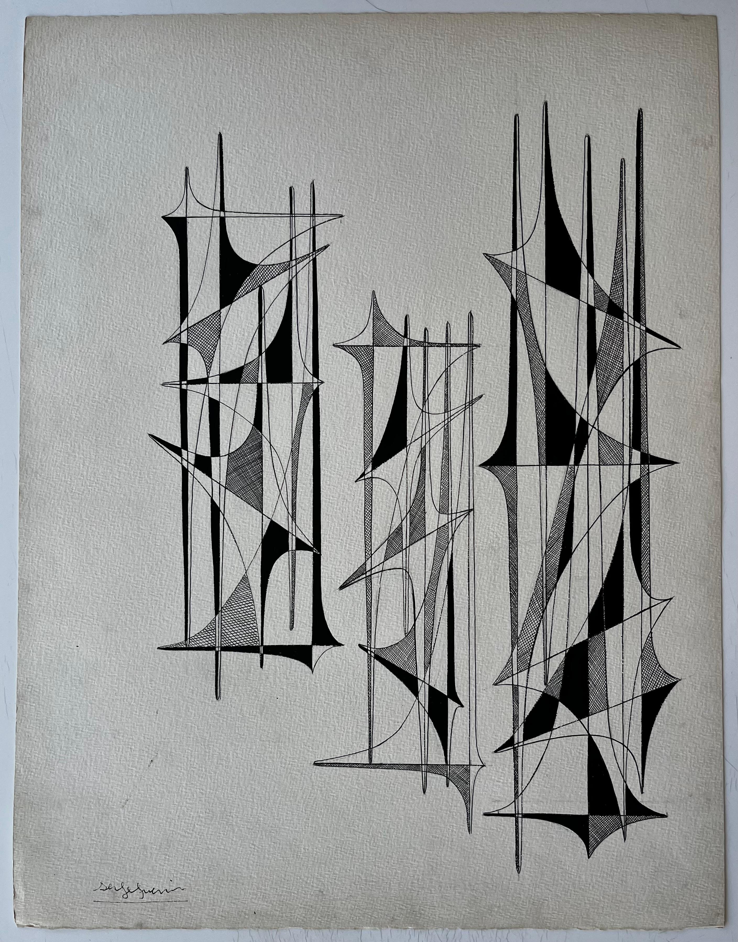 Mid Century French Black and White Linear Geometric Abstract Drawing (Geometrische Abstraktion), Art, von Serge Guerin (1916)