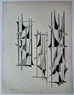 Mid Century Französisch Schwarz und Weiß Linear Geometric Abstract Zeichnung