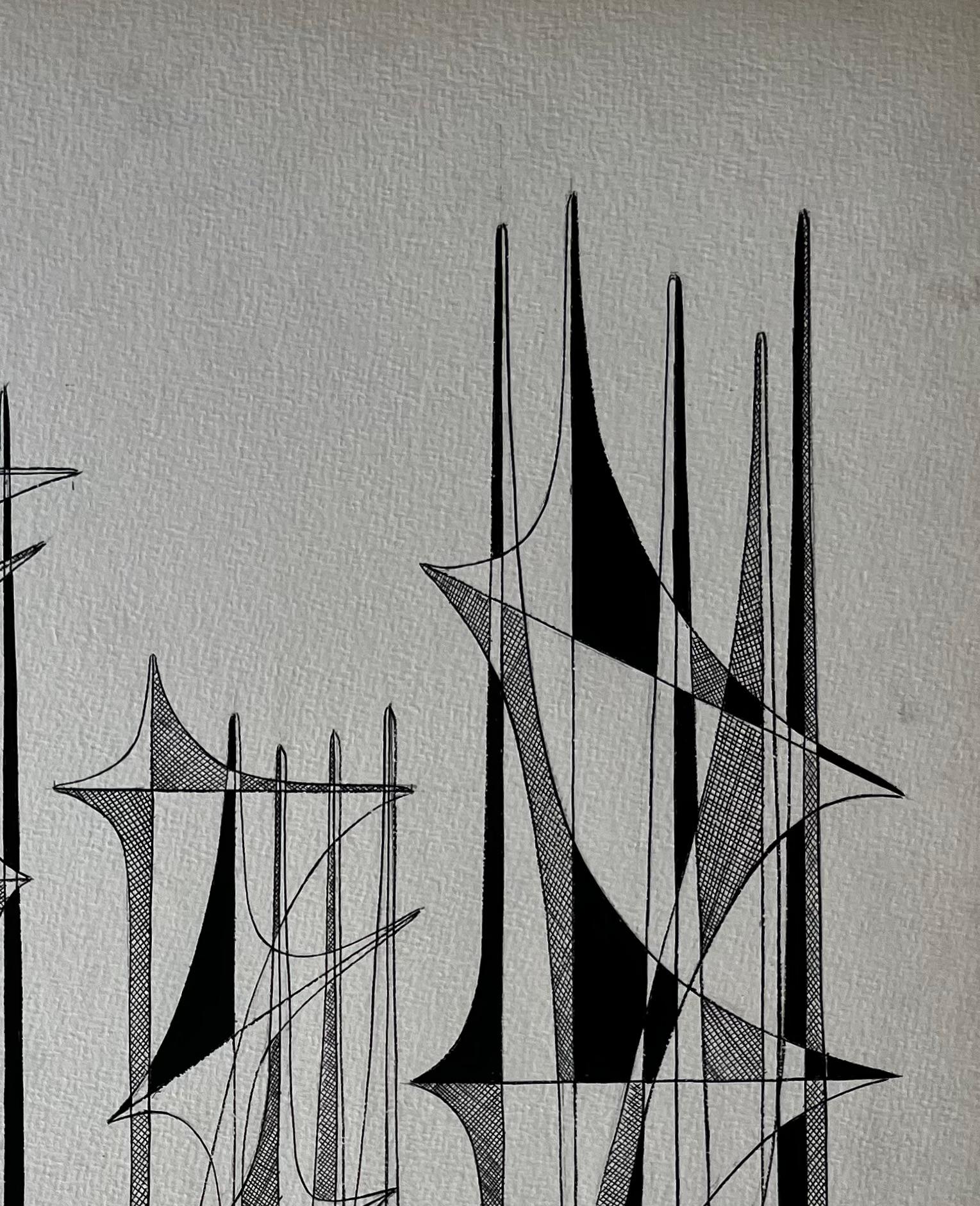 Title: Mid Century French Black and White Linear Geometric Abstract Drawing
by Serge Guerin (b. 1916), French
signed lower left, name stamped verso
Ink on artists paper, unframed
Size: 25.75 (height) x 19.75 (width) inches
Provenance: private