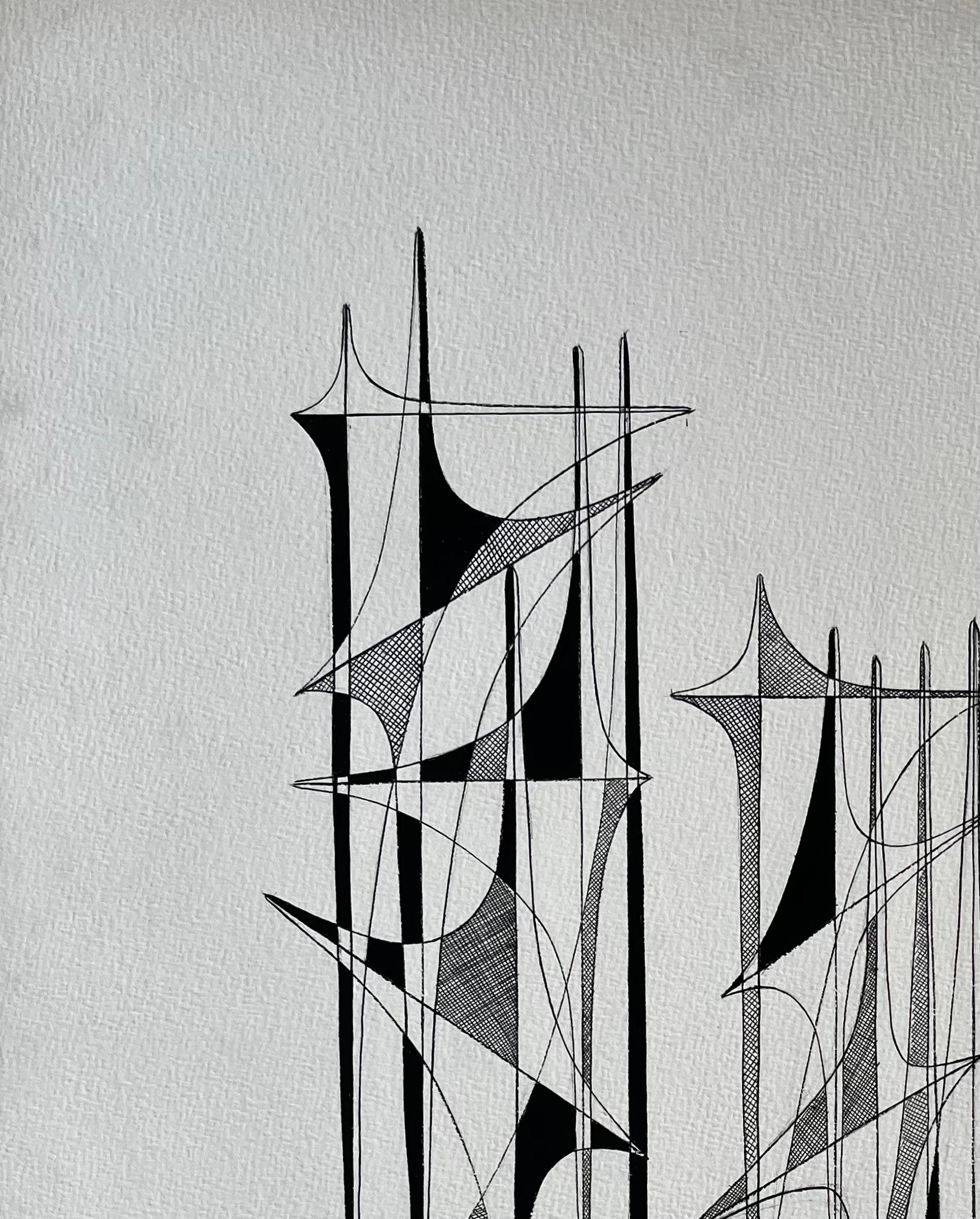 Mid Century French Black and White Linear Geometric Abstract Drawing im Angebot 1
