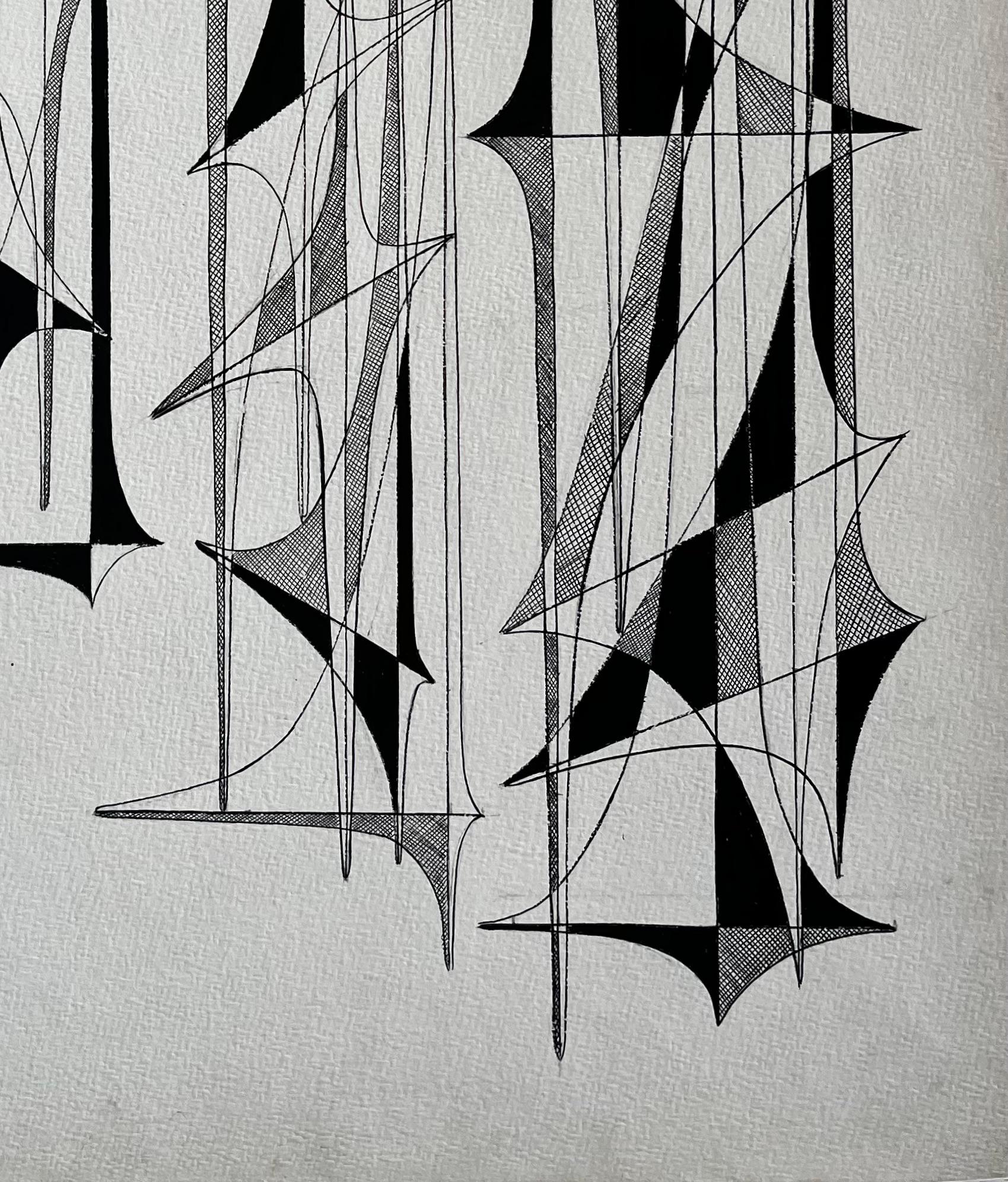 Mid Century French Black and White Linear Geometric Abstract Drawing im Angebot 2