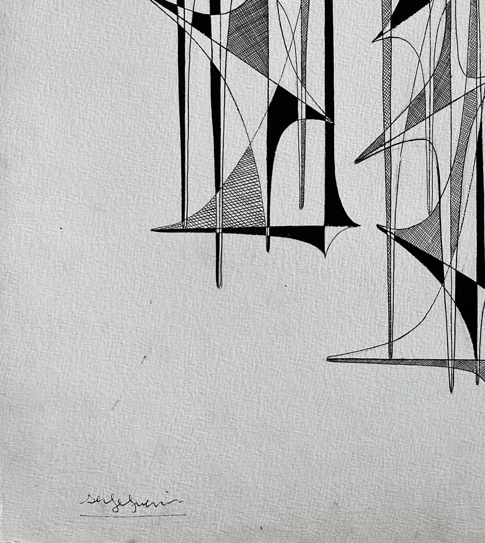 Mid Century French Black and White Linear Geometric Abstract Drawing im Angebot 3